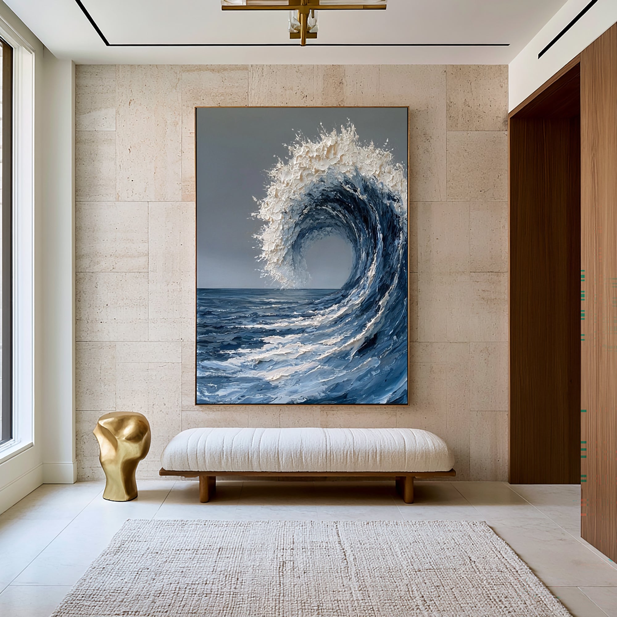 Large Ocean Wave Wall Art Textured Oil Painting Abstract Sea Wave Artwork Coastal Blue Ocean Decor Modern Luxury Interior Design