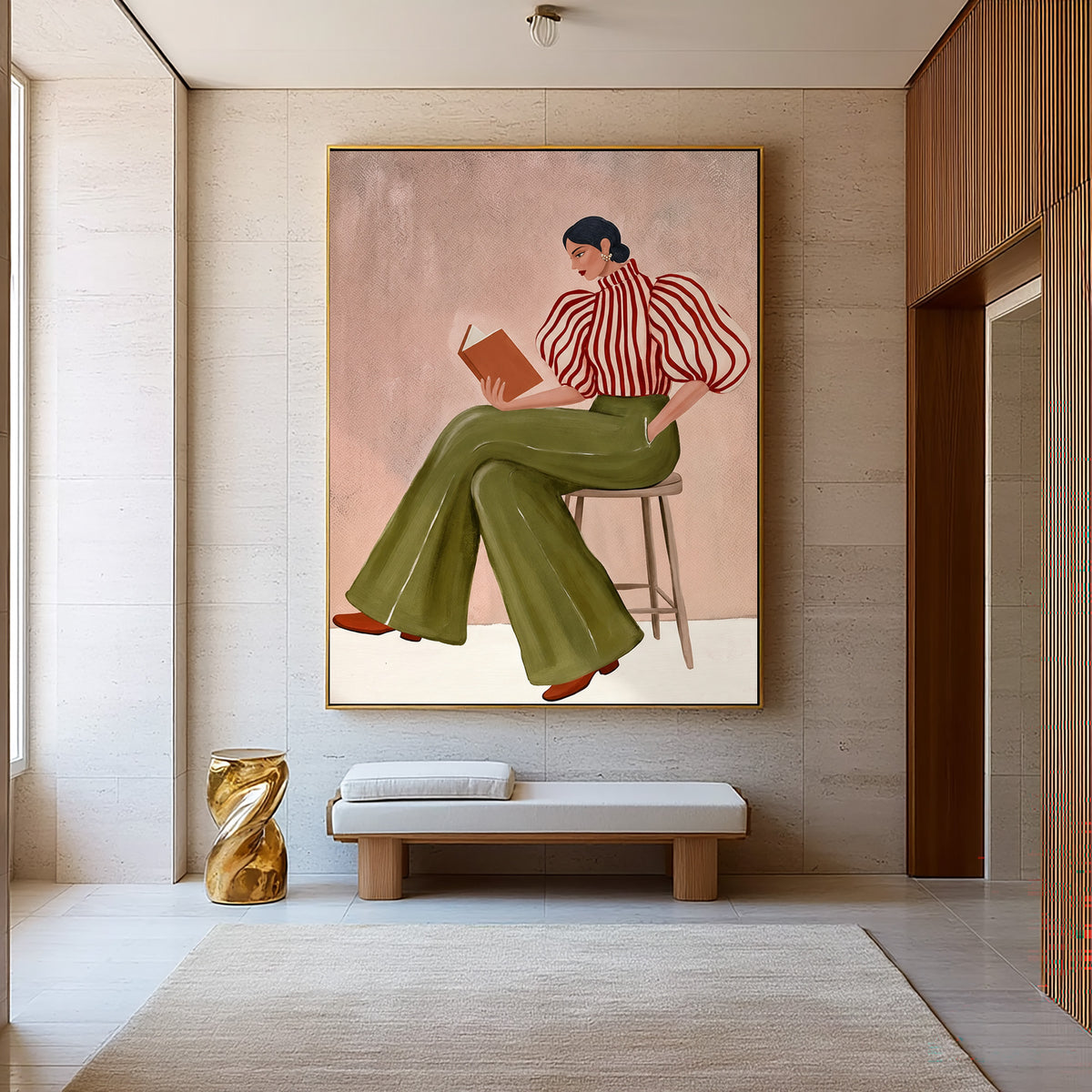 Large Textured Oil Painting Woman Reading Striped Blouse Olive Green Trousers