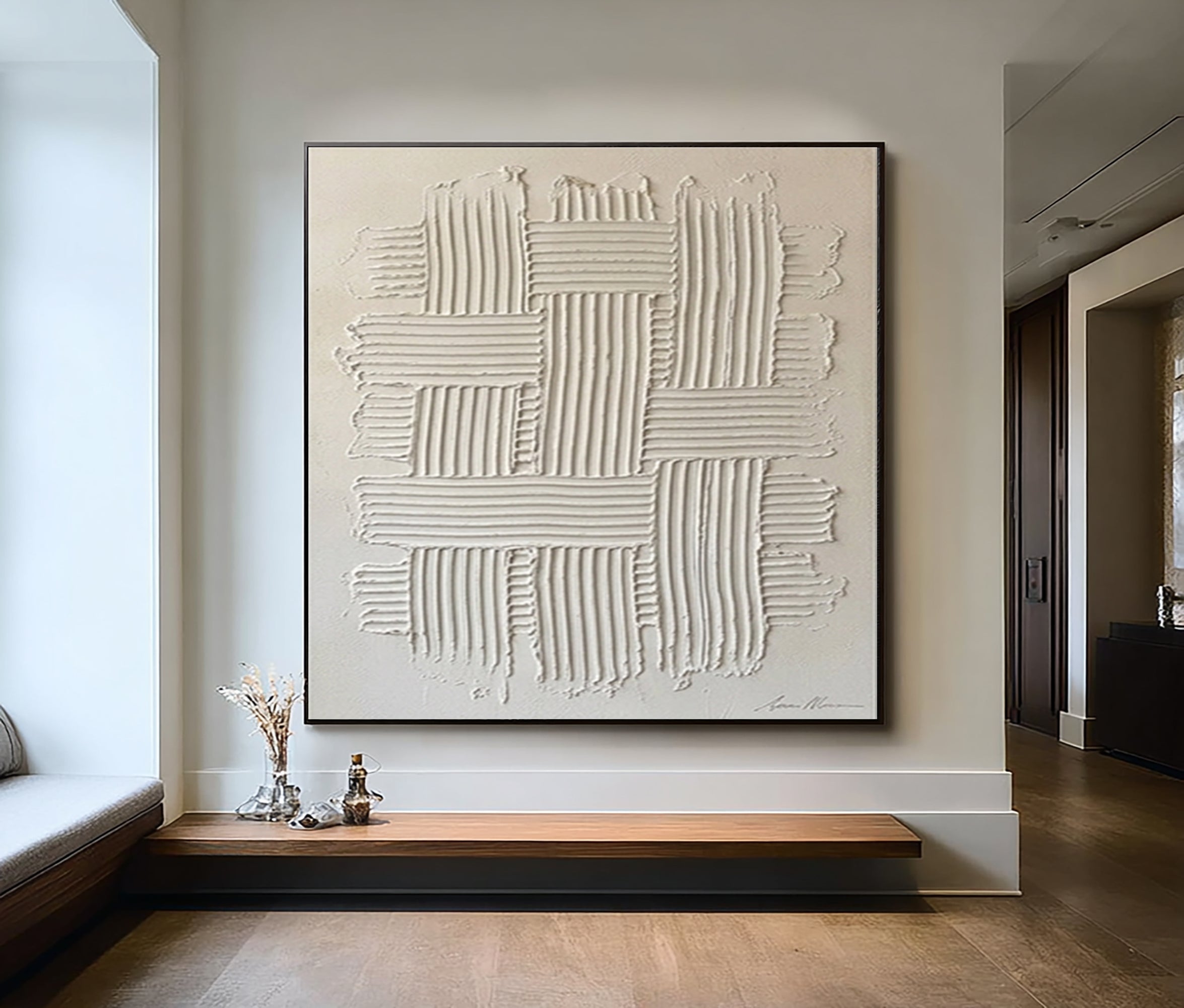 Large Woven Texture Wall Art Hand Painted Neutral Abstract Canvas