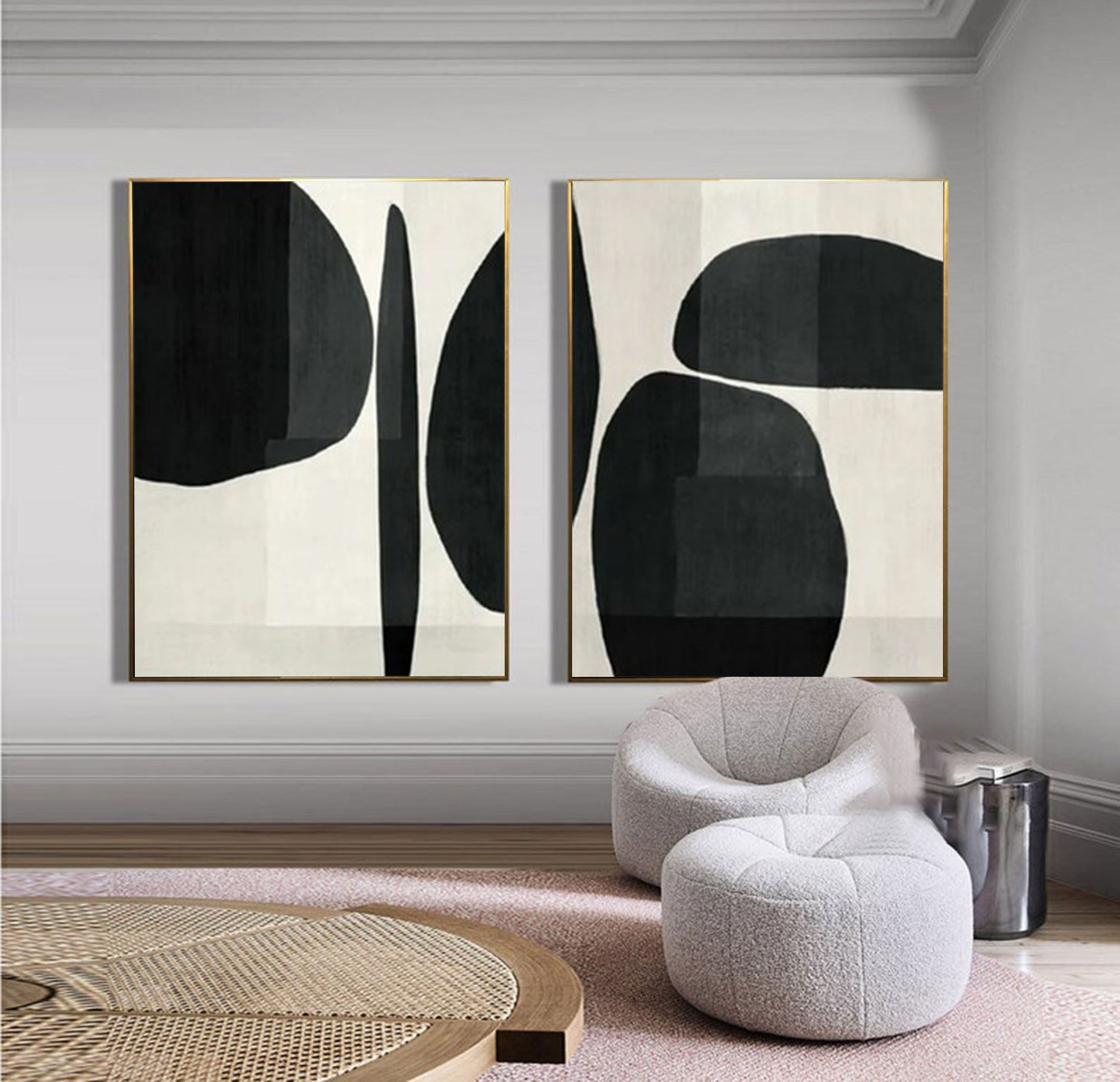 Elegant Minimalist Abstract Art Diptych Black and White Canvas Set #BWS 013