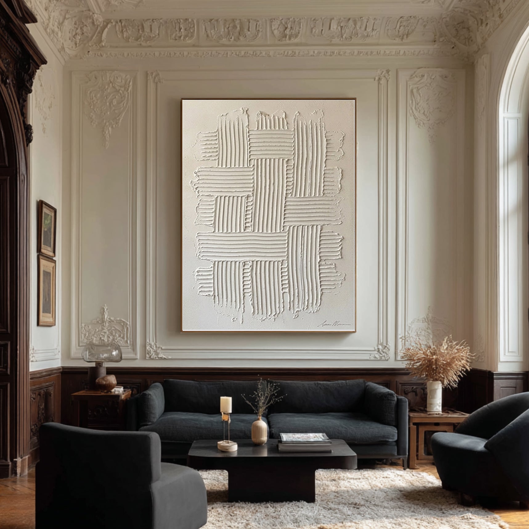 Large White Textured Wall Art Minimalist Geometric Canvas Painting