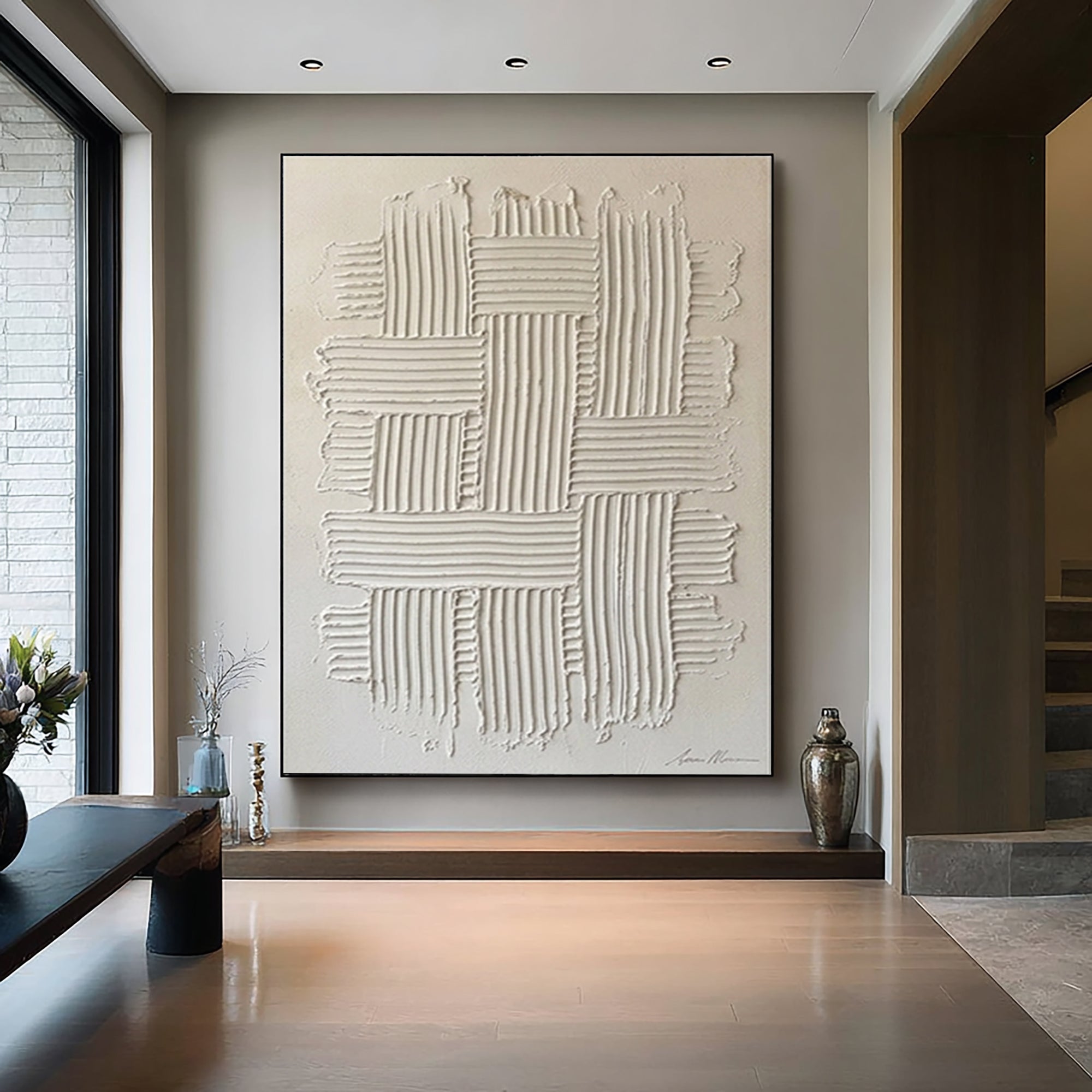 Large White Textured Wall Art Minimalist Geometric Canvas Painting