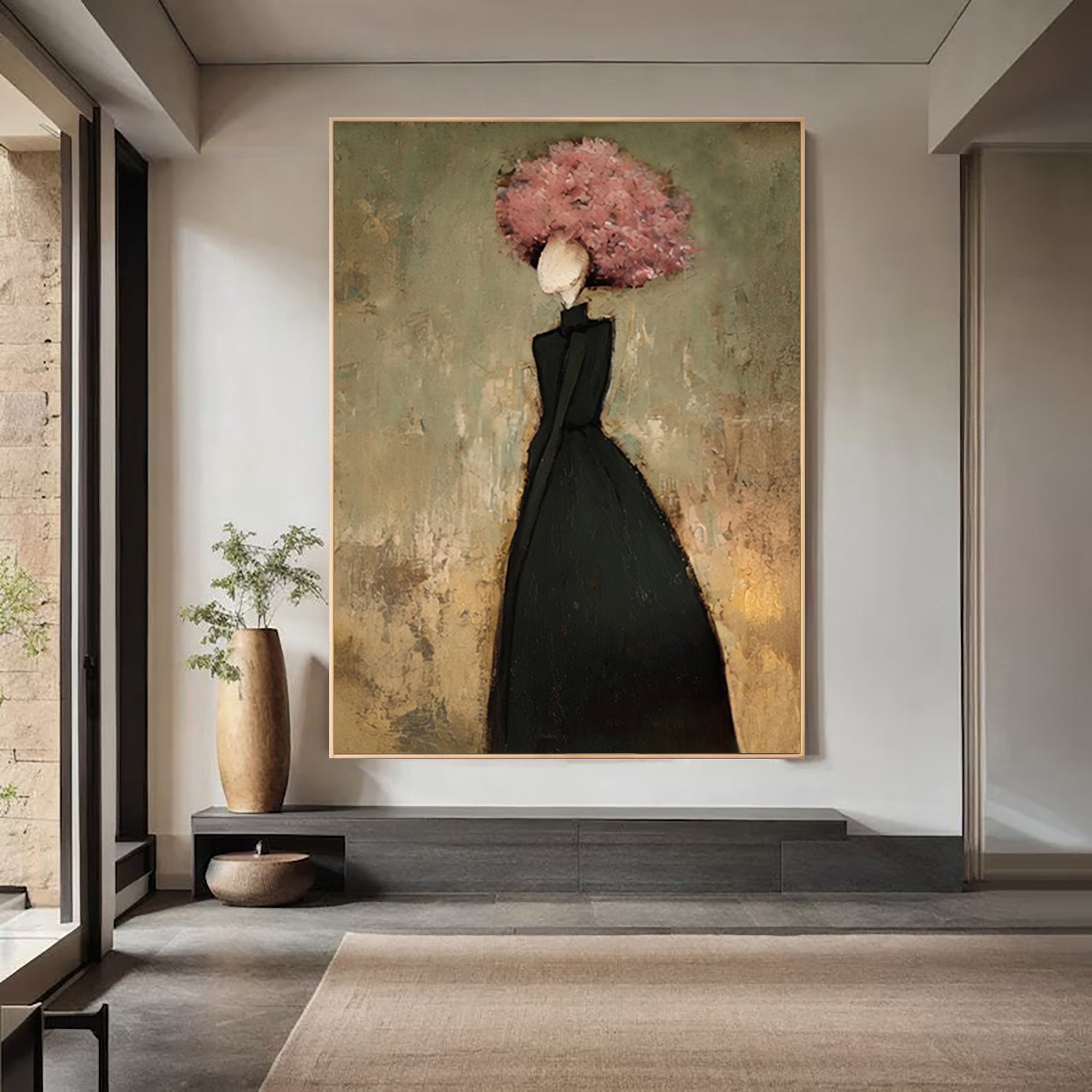 Large Floral Woman Wall Art Black Dress Portrait Oil Painting Modern Abstract Figurative Contemporary Decor