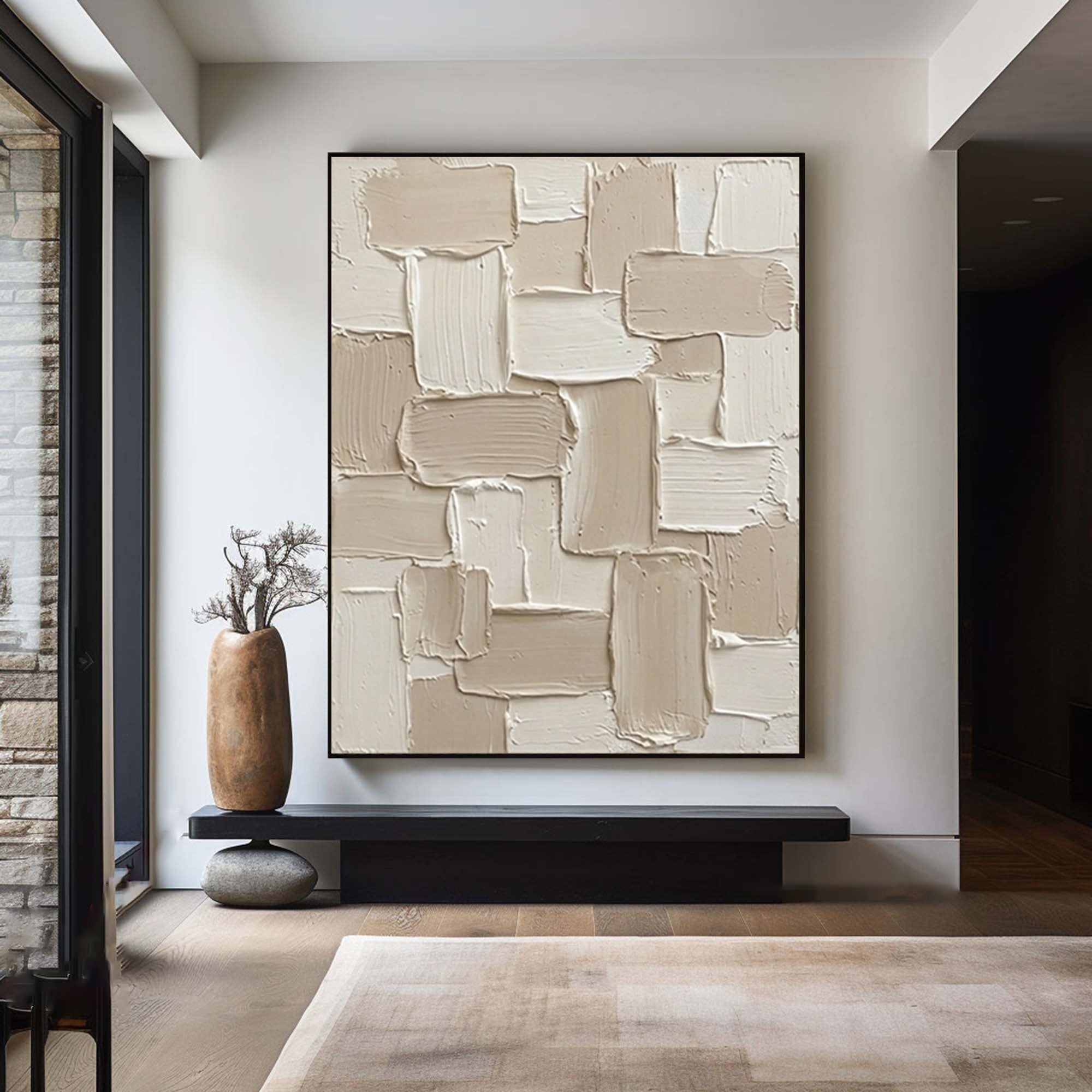 Large Minimalist Oil Painting with Contemporary Block Texture Design