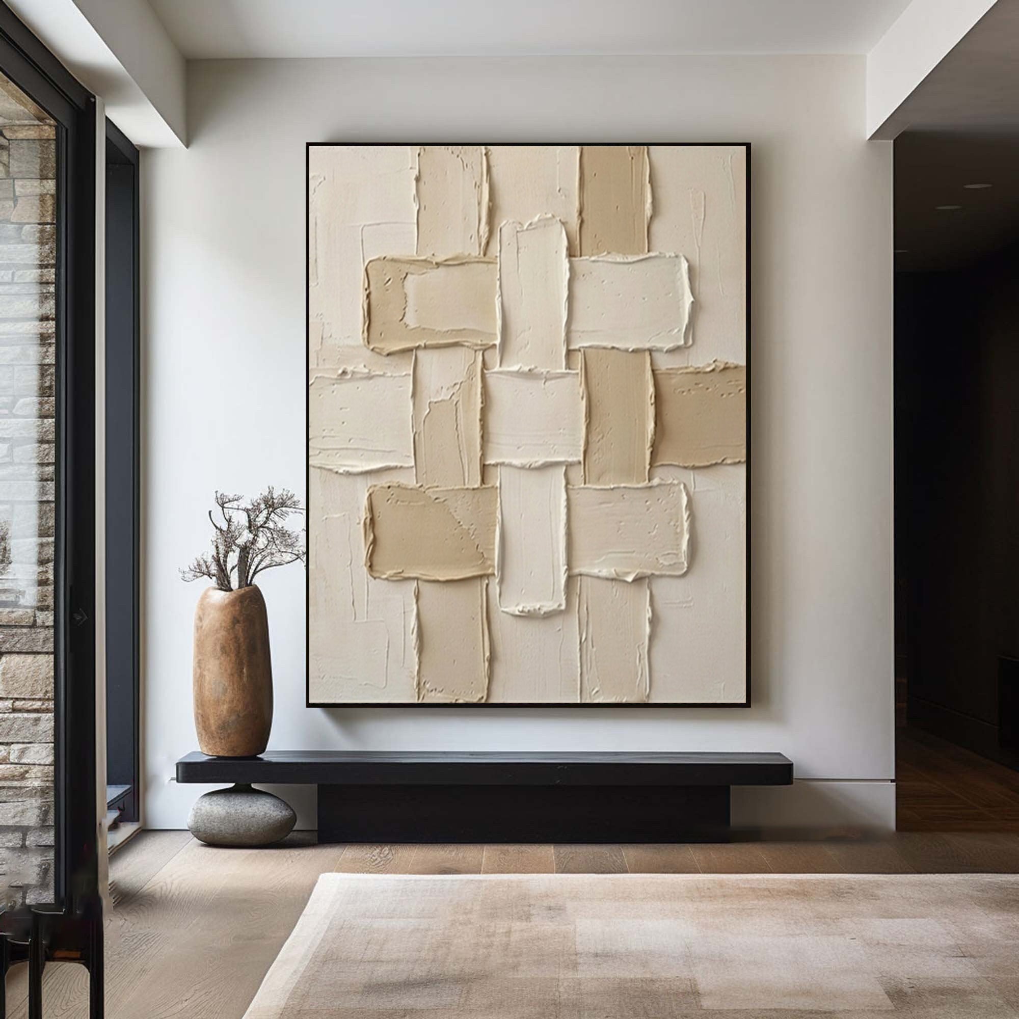 Large Woven Geometric Textured Canvas Art Neutral Beige Abstract Wall Decor