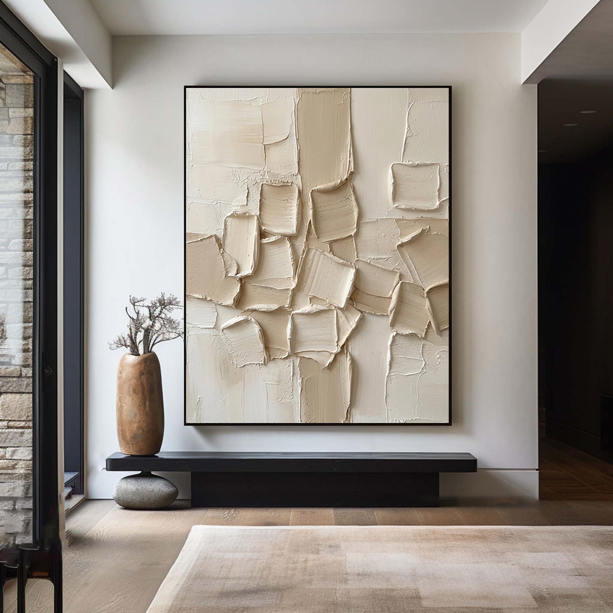 Large Hand-Painted Abstract Relief Painting in Neutral Cream Tones