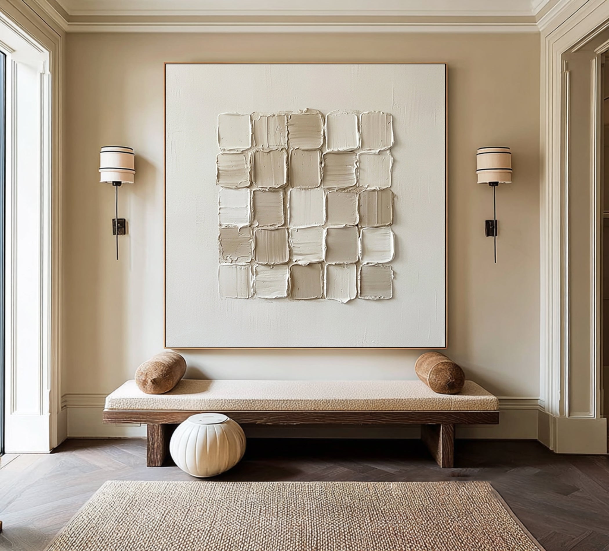 Large Geometric Textured Wall Art Contemporary Neutral Grid Canvas Painting