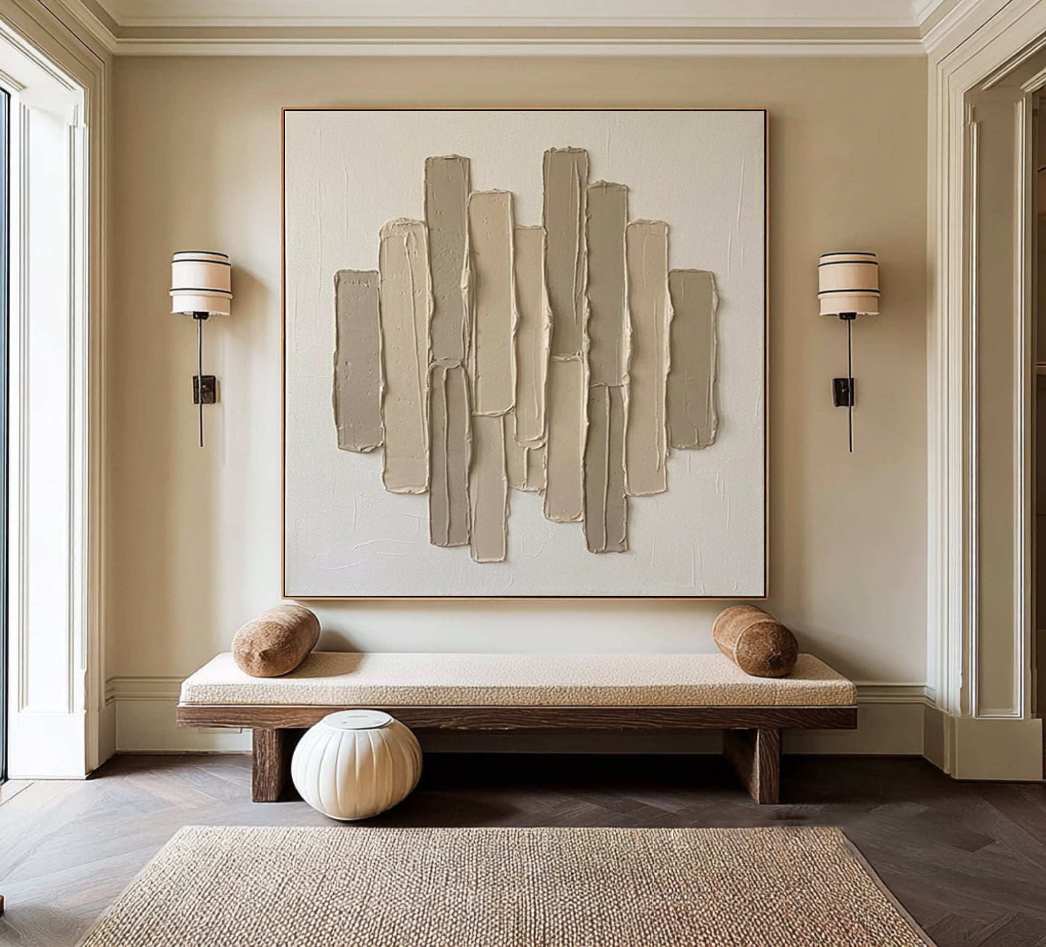 Large Linear Sculptural Wall Art Neutral Contemporary Hand Painted Texture Canvas