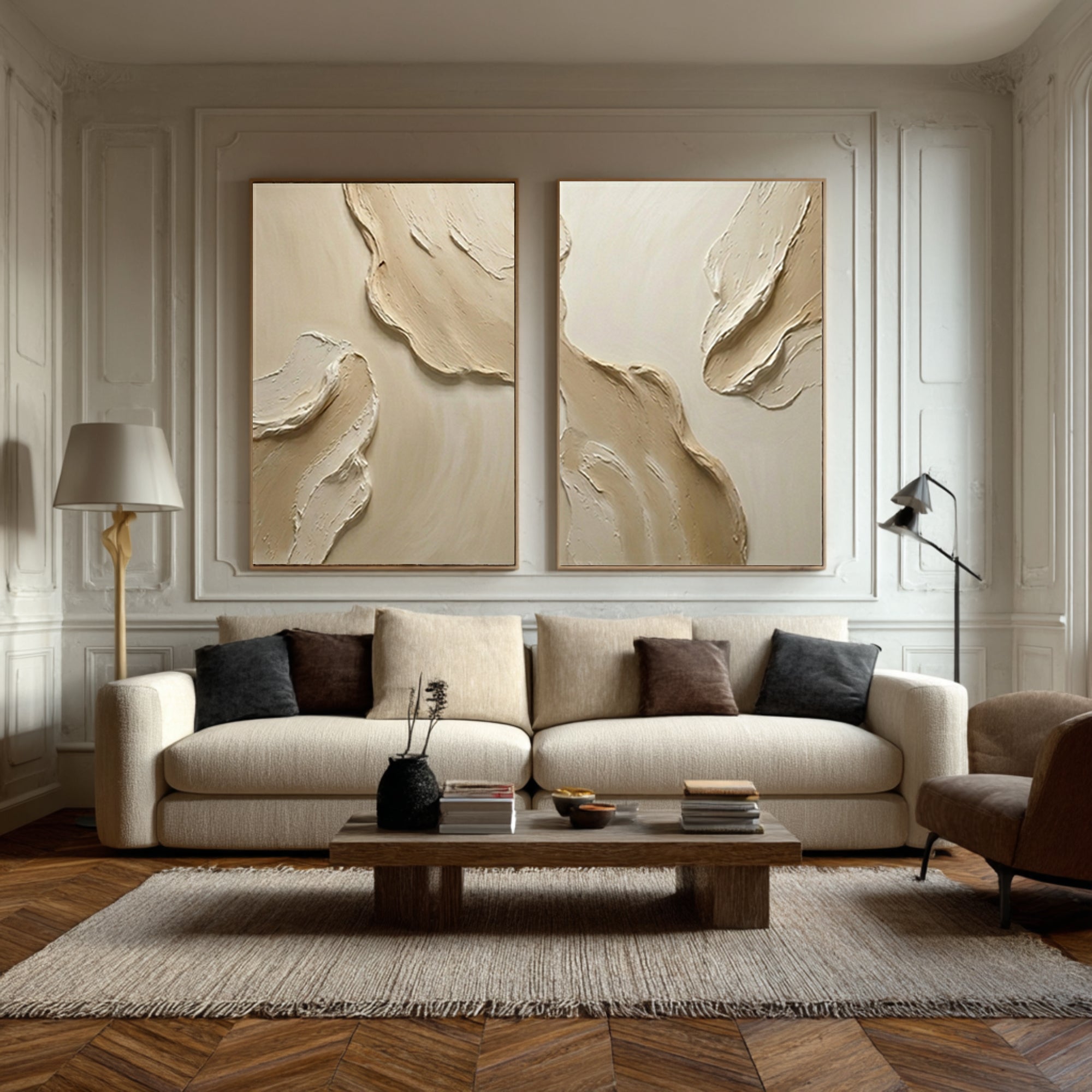Large Contemporary Textured Wall Art Neutral Diptych Painting Set