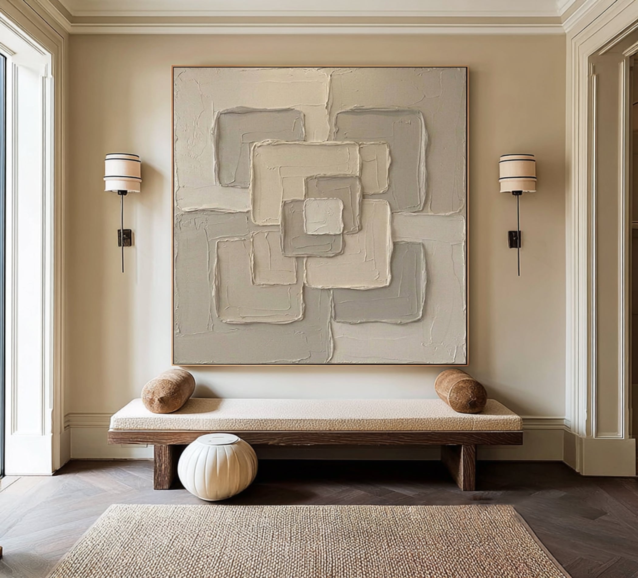 Large Connected Square Wall Art Contemporary Neutral Sculptural Canvas Painting