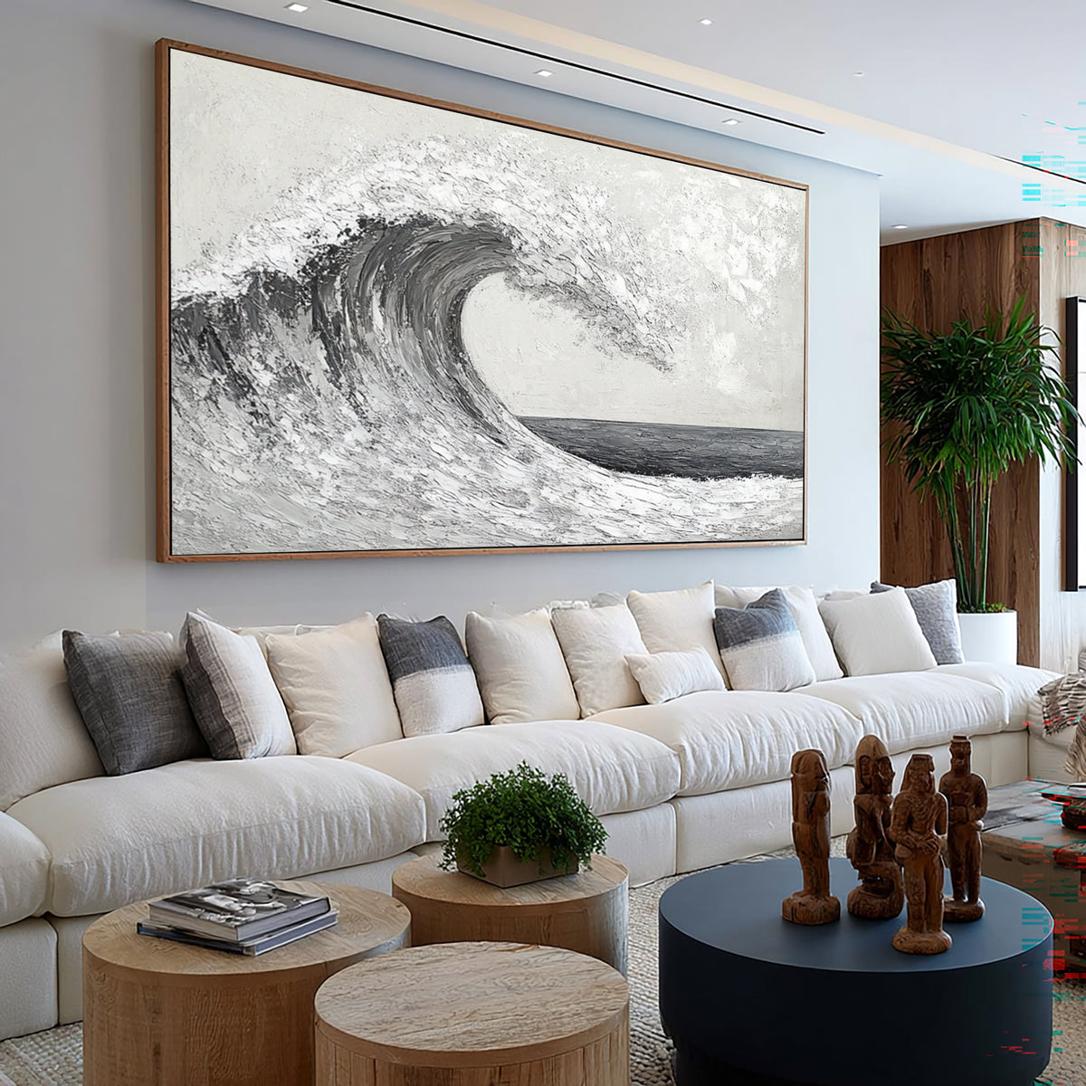 Black White Ocean Wave Textured Oil Painting Large Seascape Wall Art Hand Painted Coastal Artwork