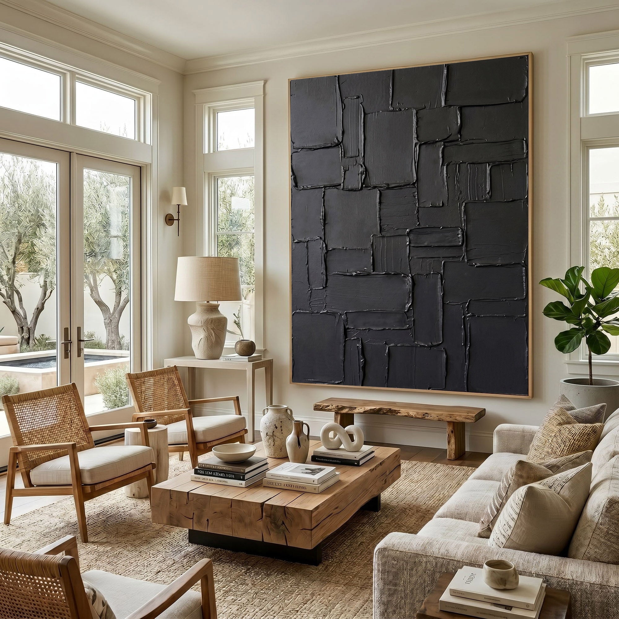 Black Textured Wall Art Abstract Plaster Relief Painting Modern 3D Impasto Minimalist Luxury Decor