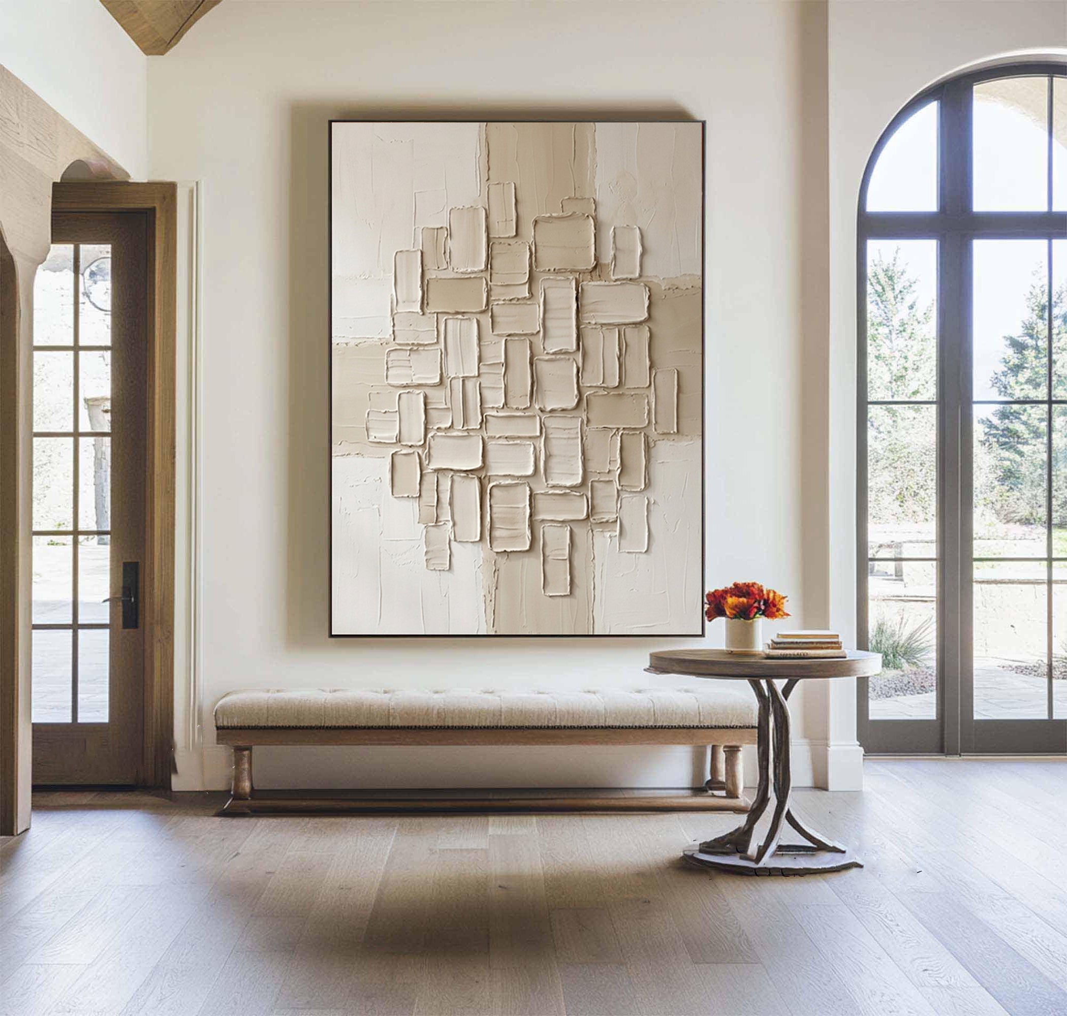 Large Textured Oil Painting with Geometric Relief Wall Art Design