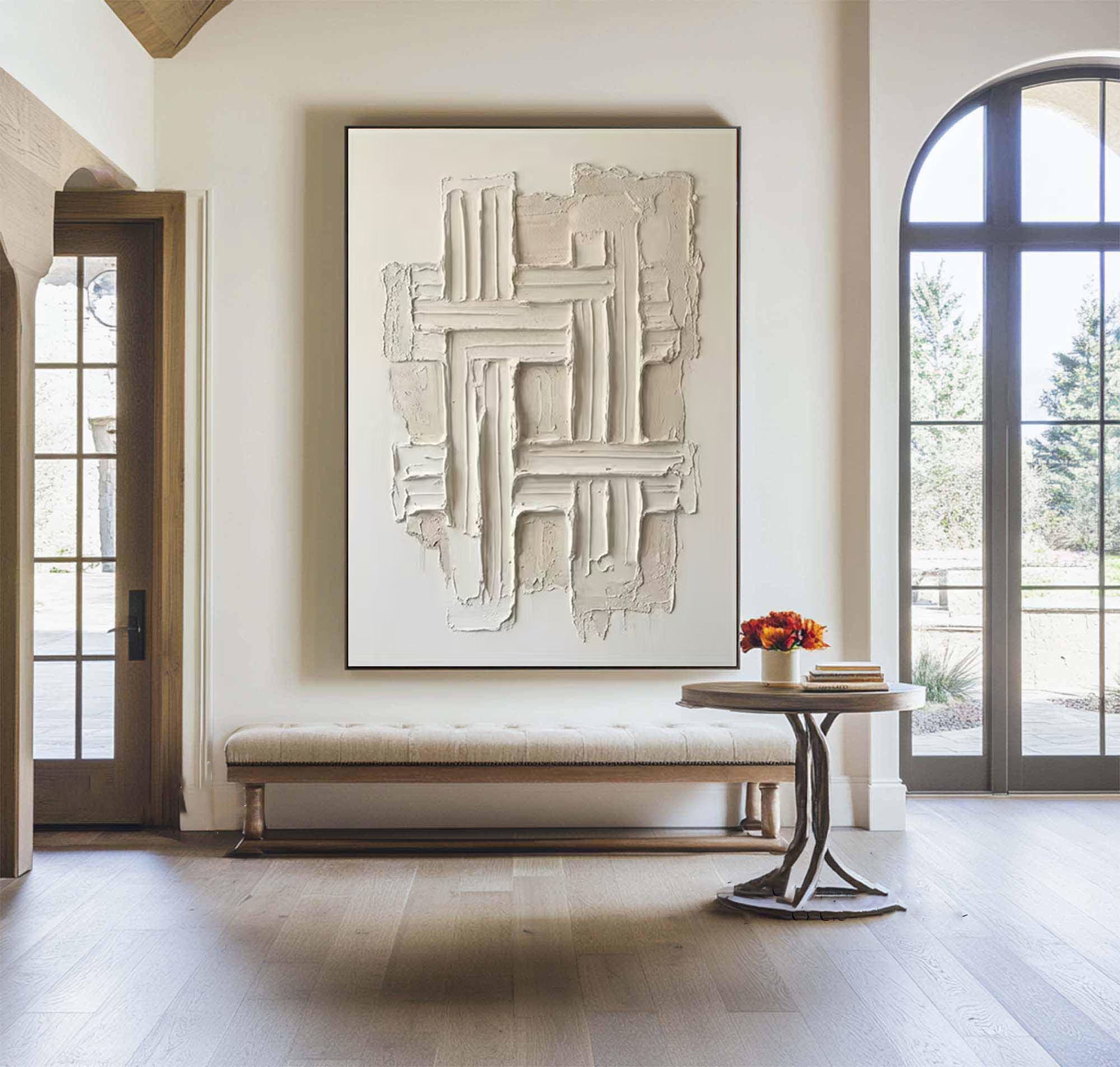 Large Linear Texture Oil Painting – Modern Neutral Abstract Wall Art