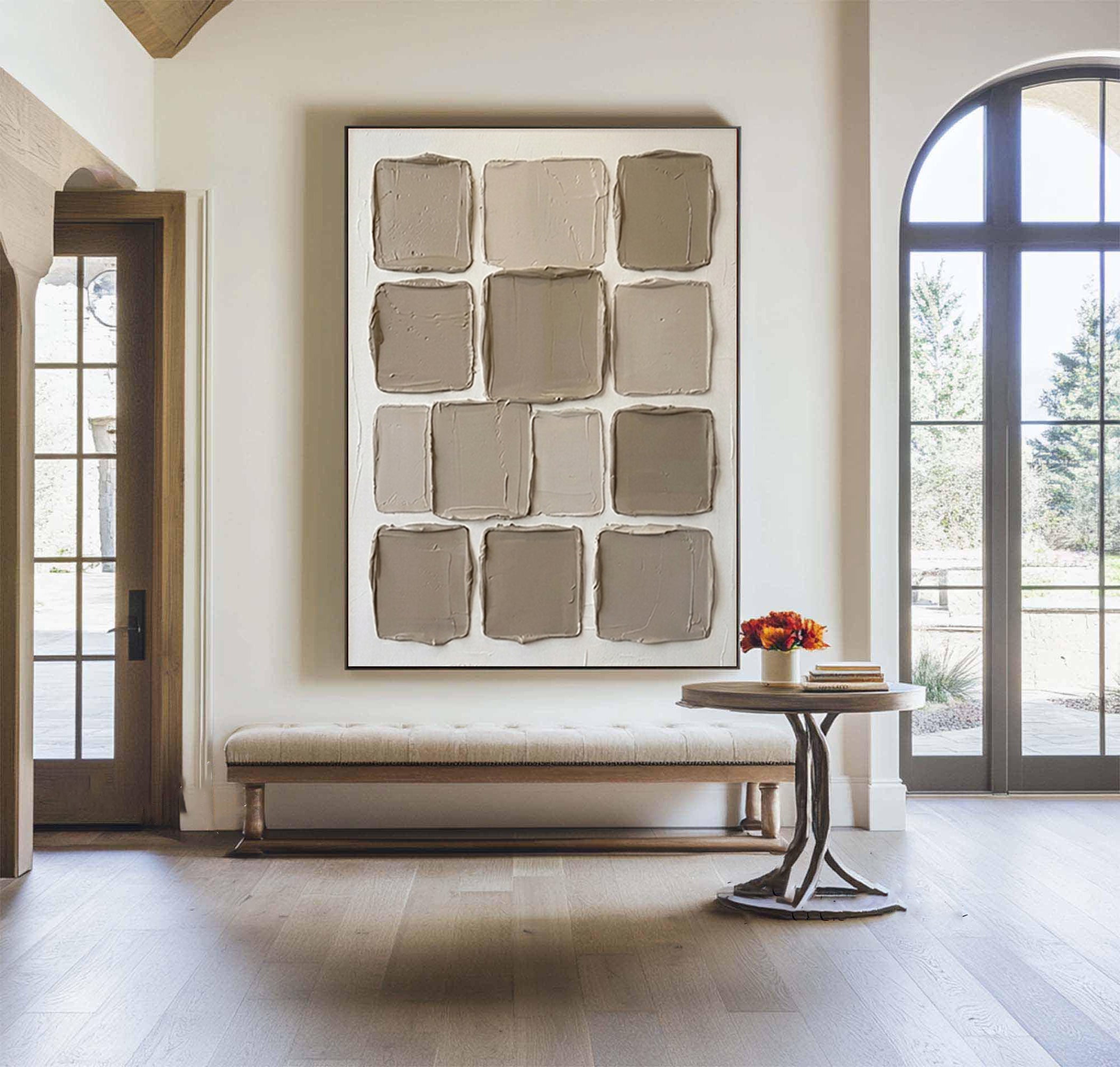 Large Neutral Grid Texture Oil Painting for Contemporary Interiors