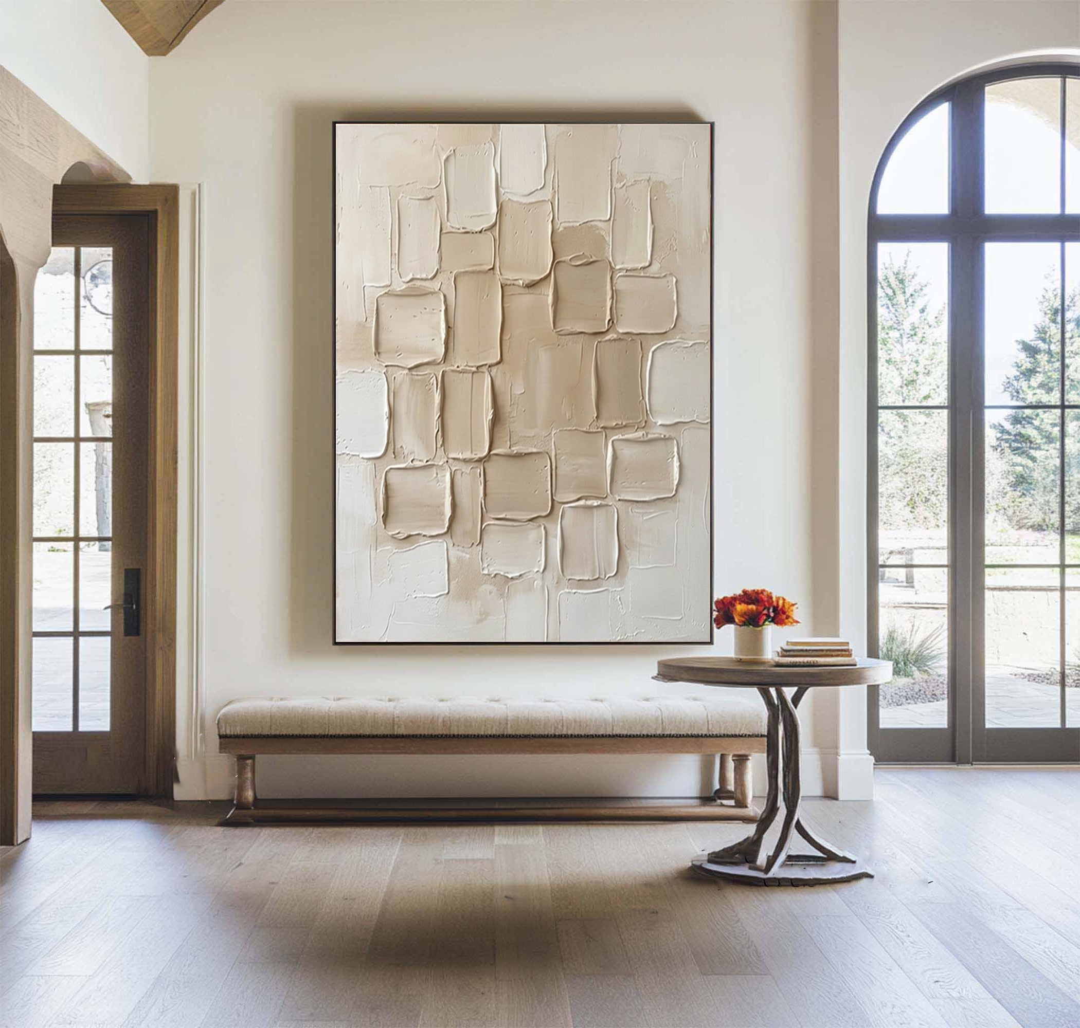 Large Mosaic Relief Textured Canvas Art Contemporary Neutral Wall Decor