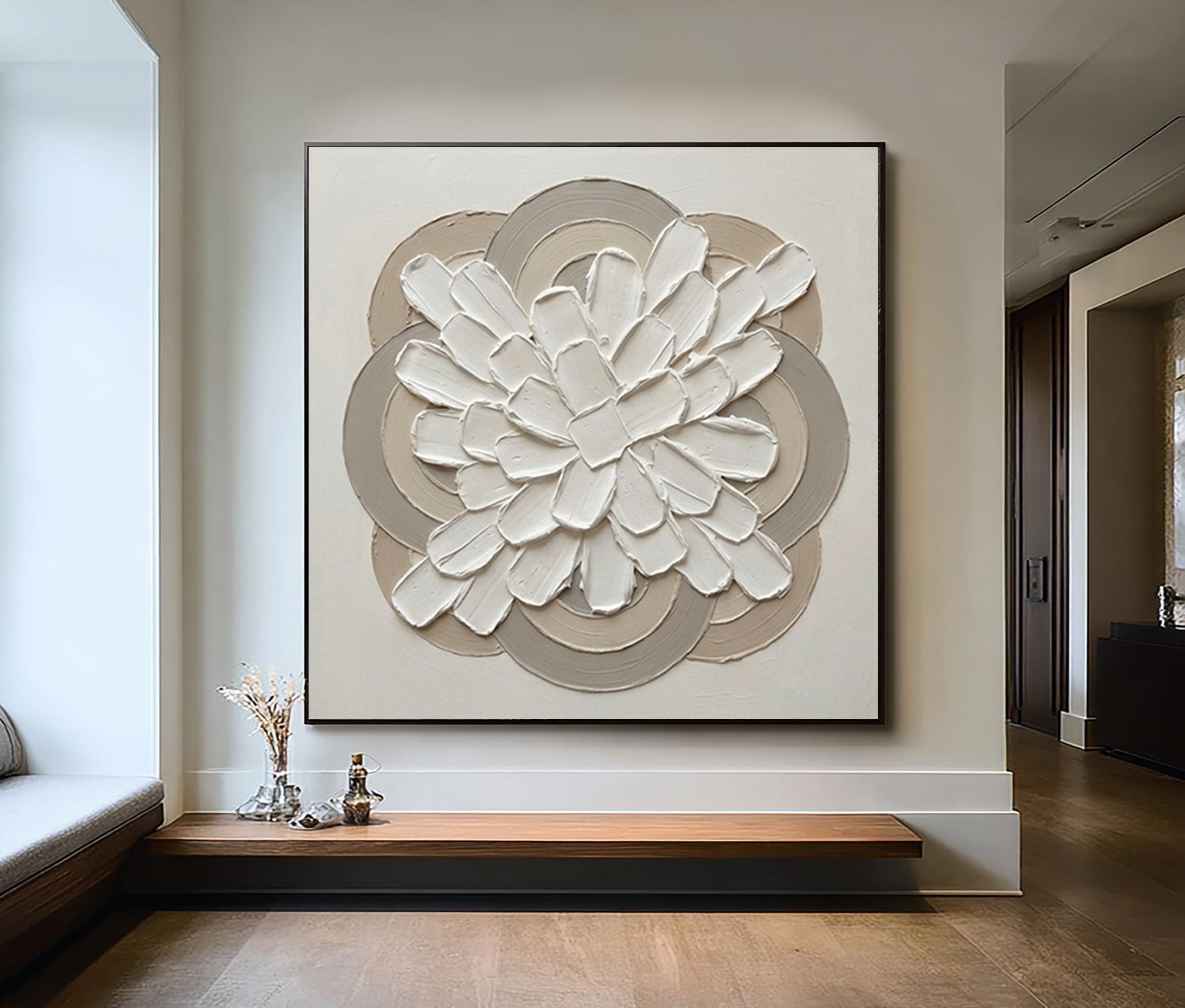 Large Modern Ring Floral Wall Art Contemporary Neutral Sculptural Canvas Painting