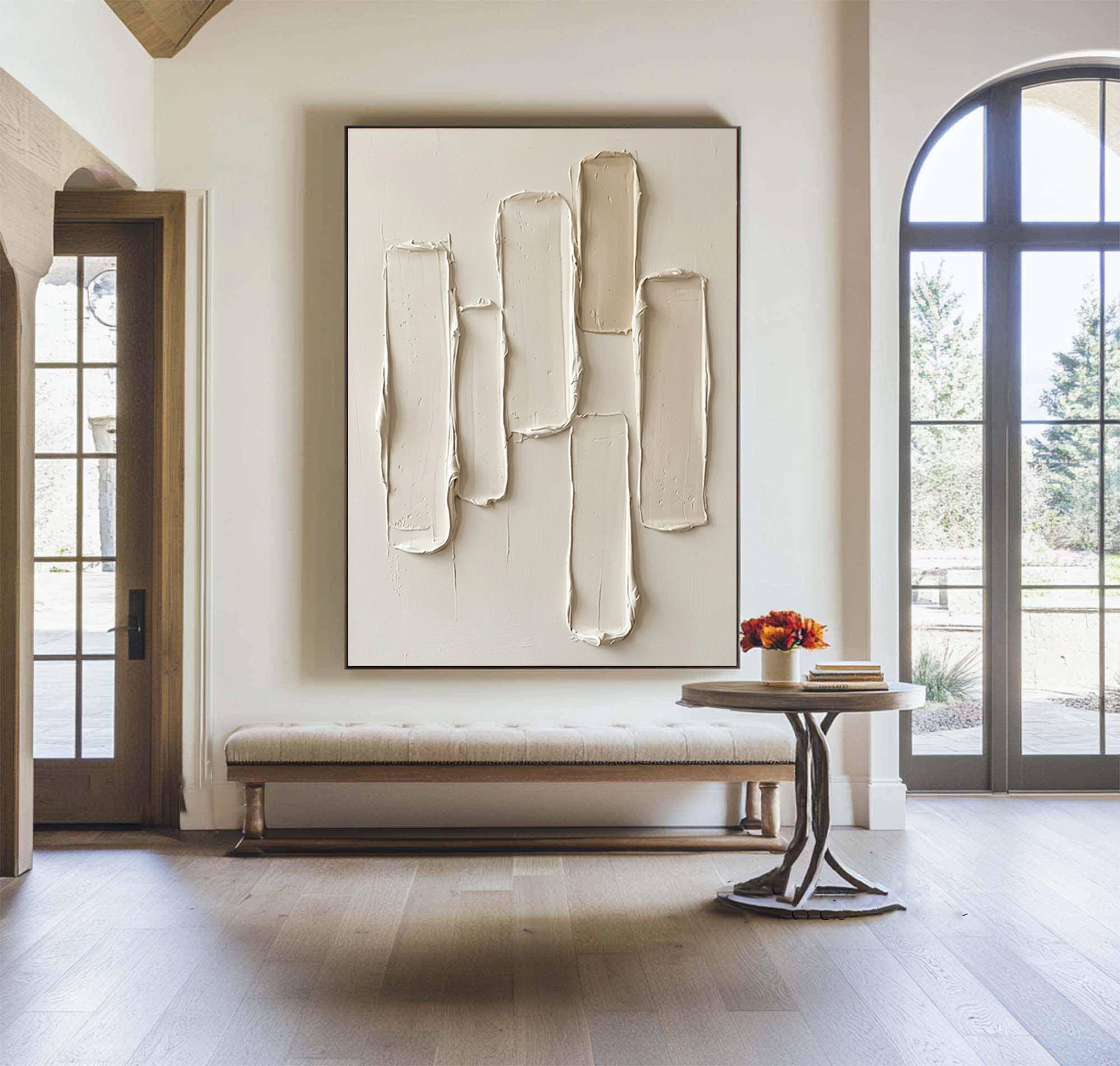 Large Vertical Neutral Texture Painting for Modern Minimalist Interiors