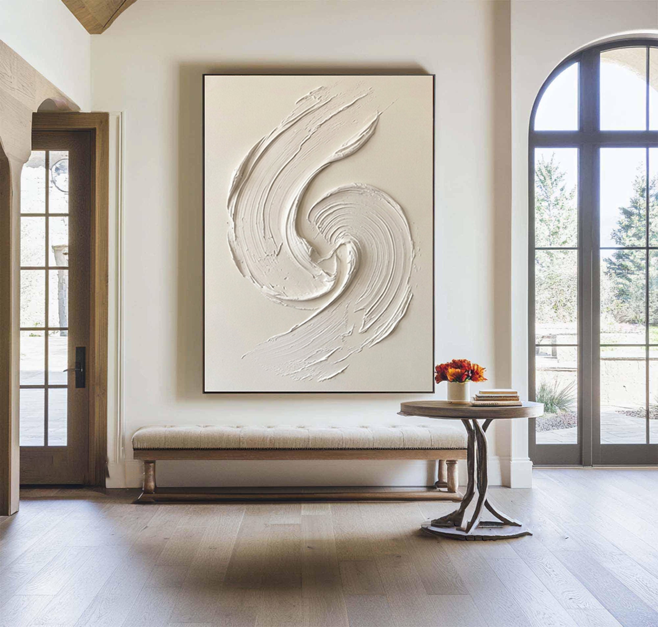 Large White Swirl Textured Wall Art Minimalist Abstract Canvas Painting