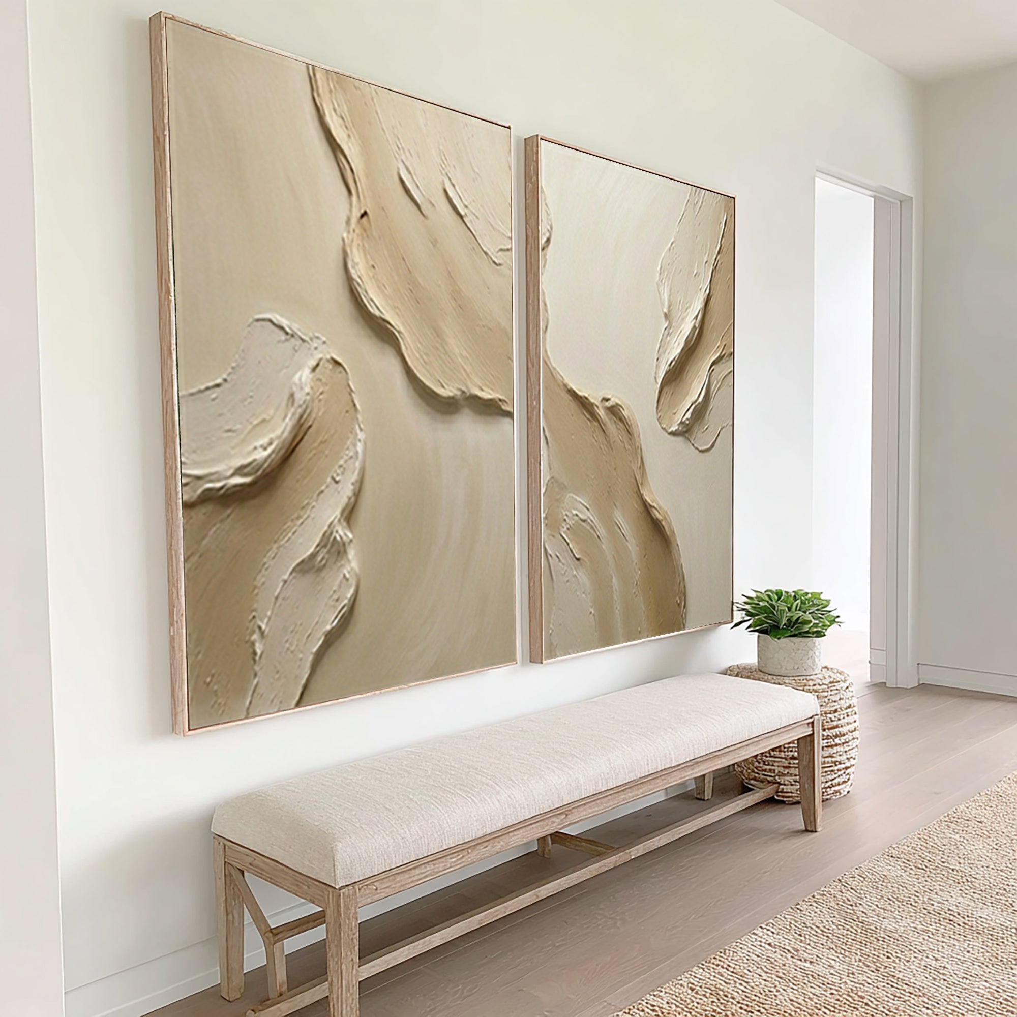 Large Contemporary Textured Wall Art Neutral Diptych Painting Set