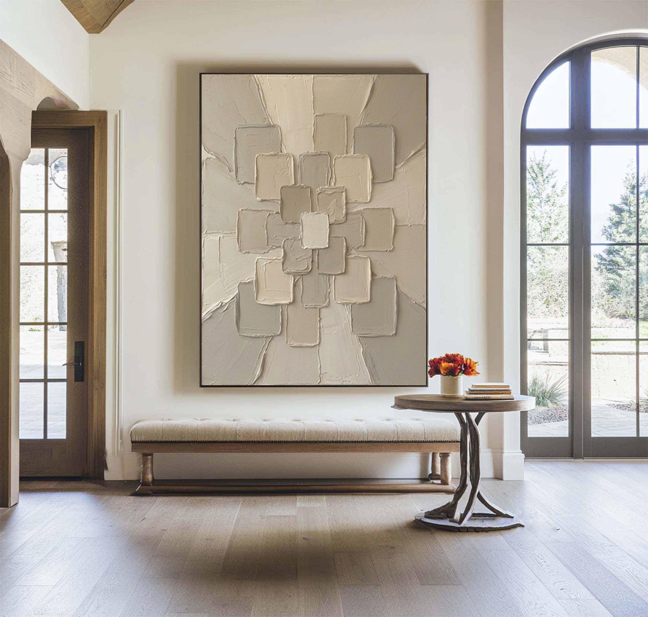 Large Neutral Geometric Textured Canvas Art Modern Sculptural Wall Decor