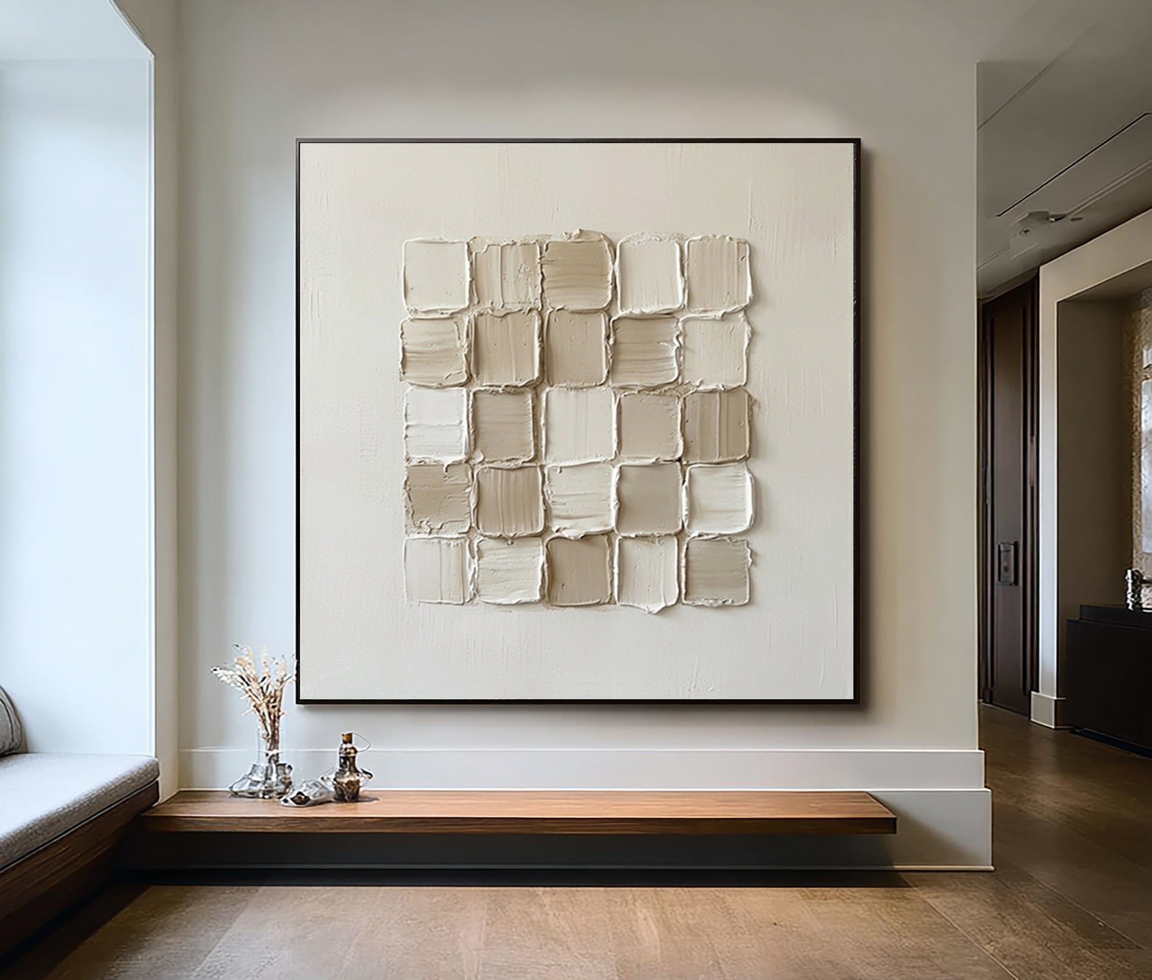 Large Geometric Textured Wall Art Contemporary Neutral Grid Canvas Painting