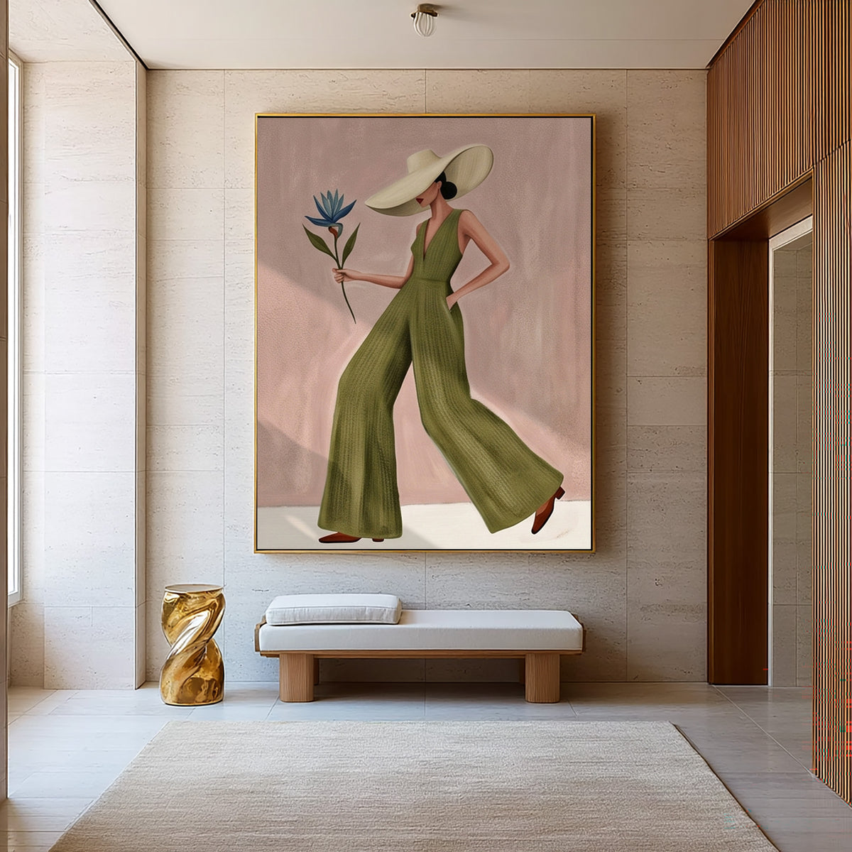 Modern Woman Painting Fashion Wall Art with Floral Details