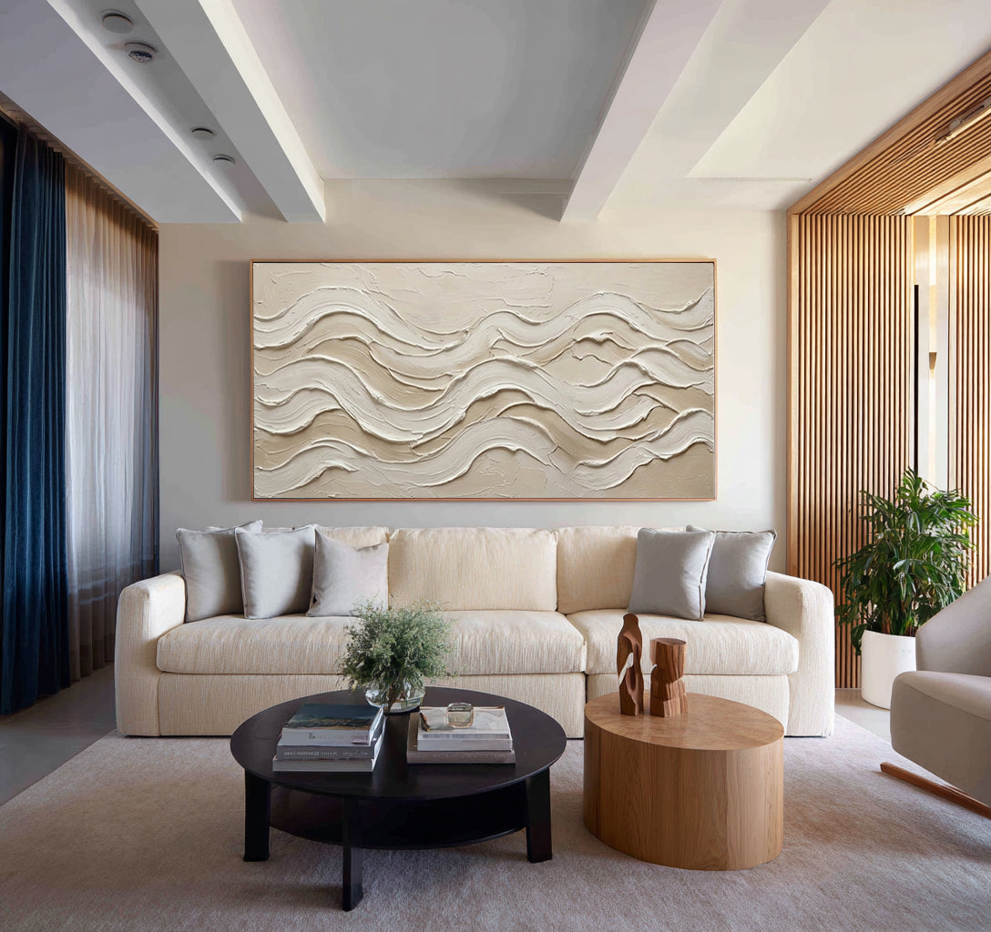 Large Textured Wave Painting Neutral Abstract Wall Art