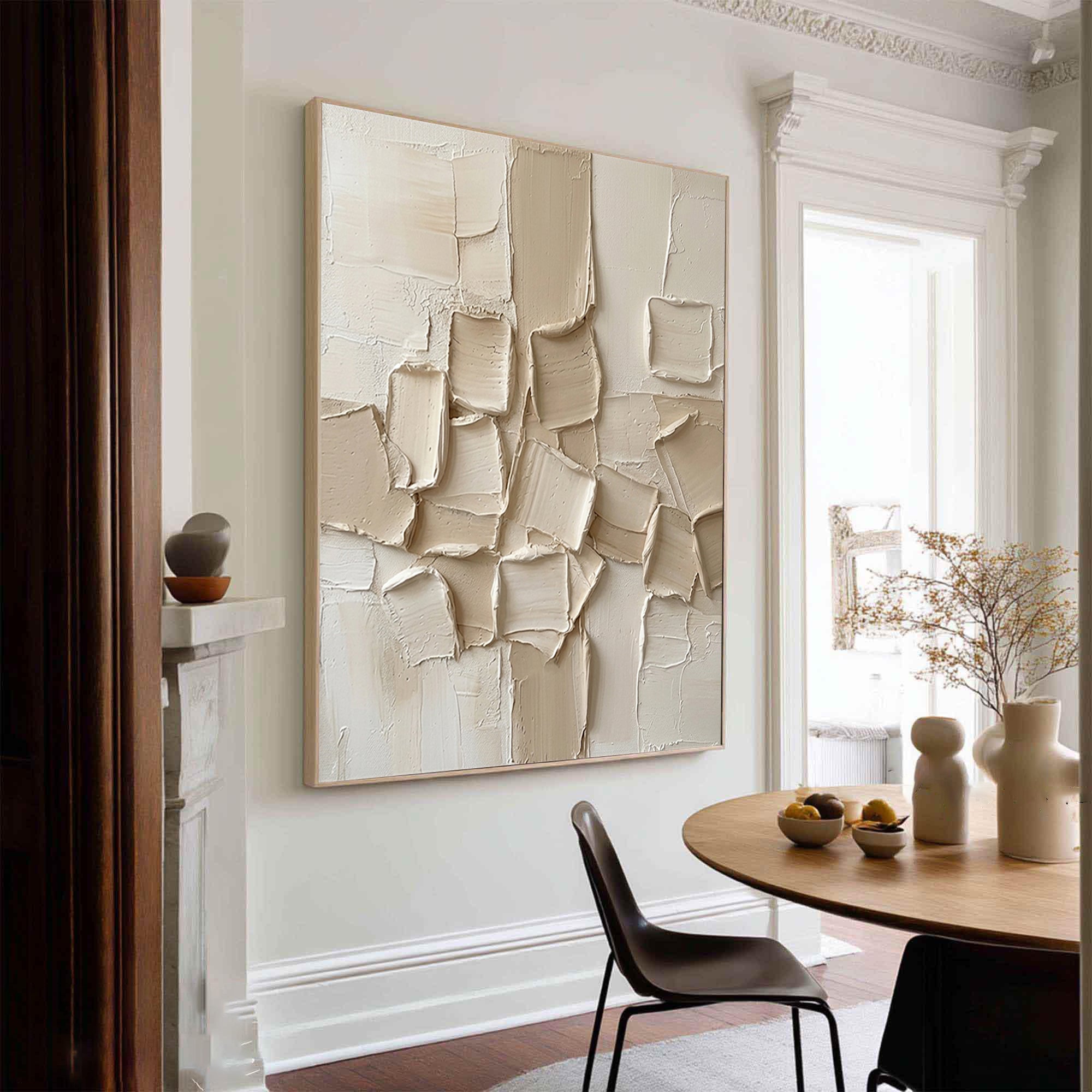 Large Hand-Painted Abstract Relief Painting in Neutral Cream Tones