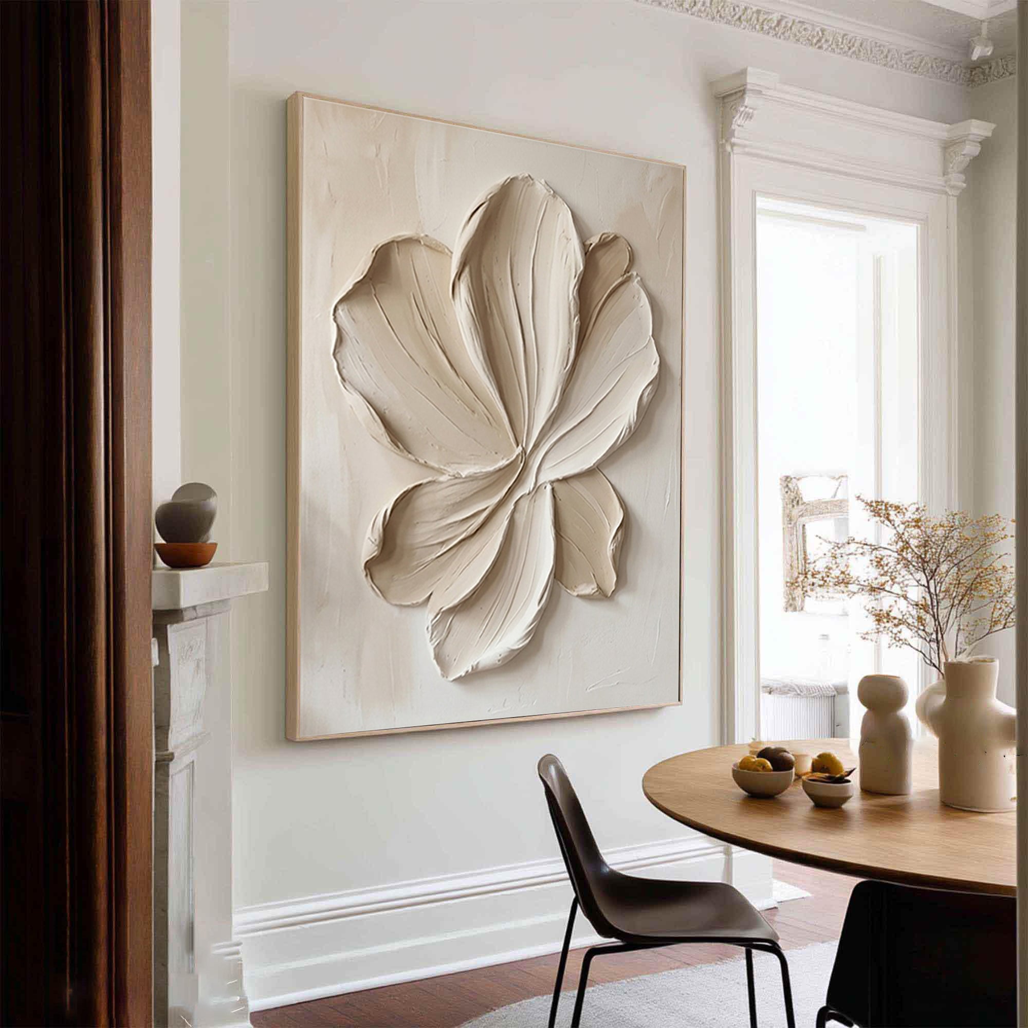 Large White Floral Relief Textured Canvas Art Organic Modern Wall Decor