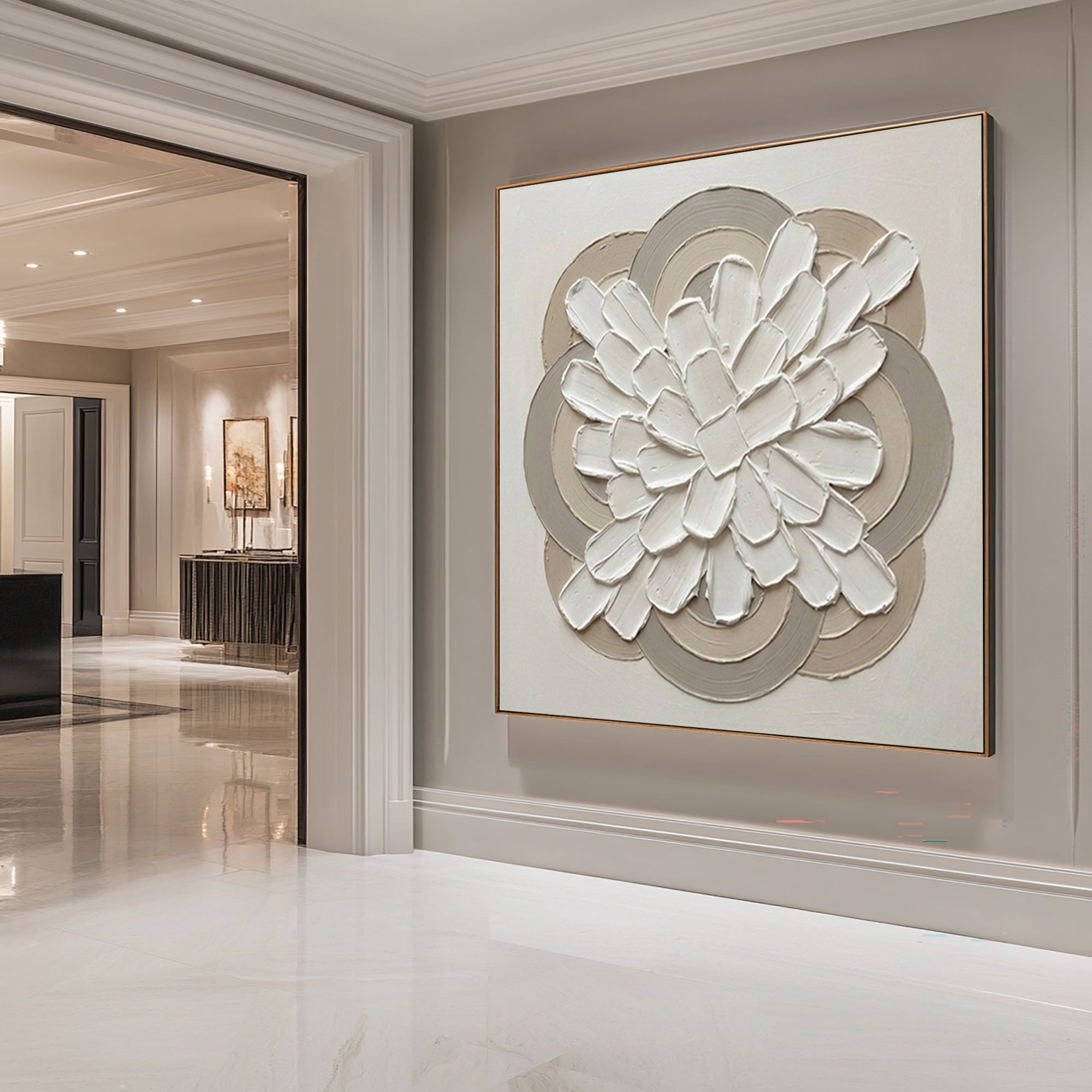 Large Modern Ring Floral Wall Art Contemporary Neutral Sculptural Canvas Painting
