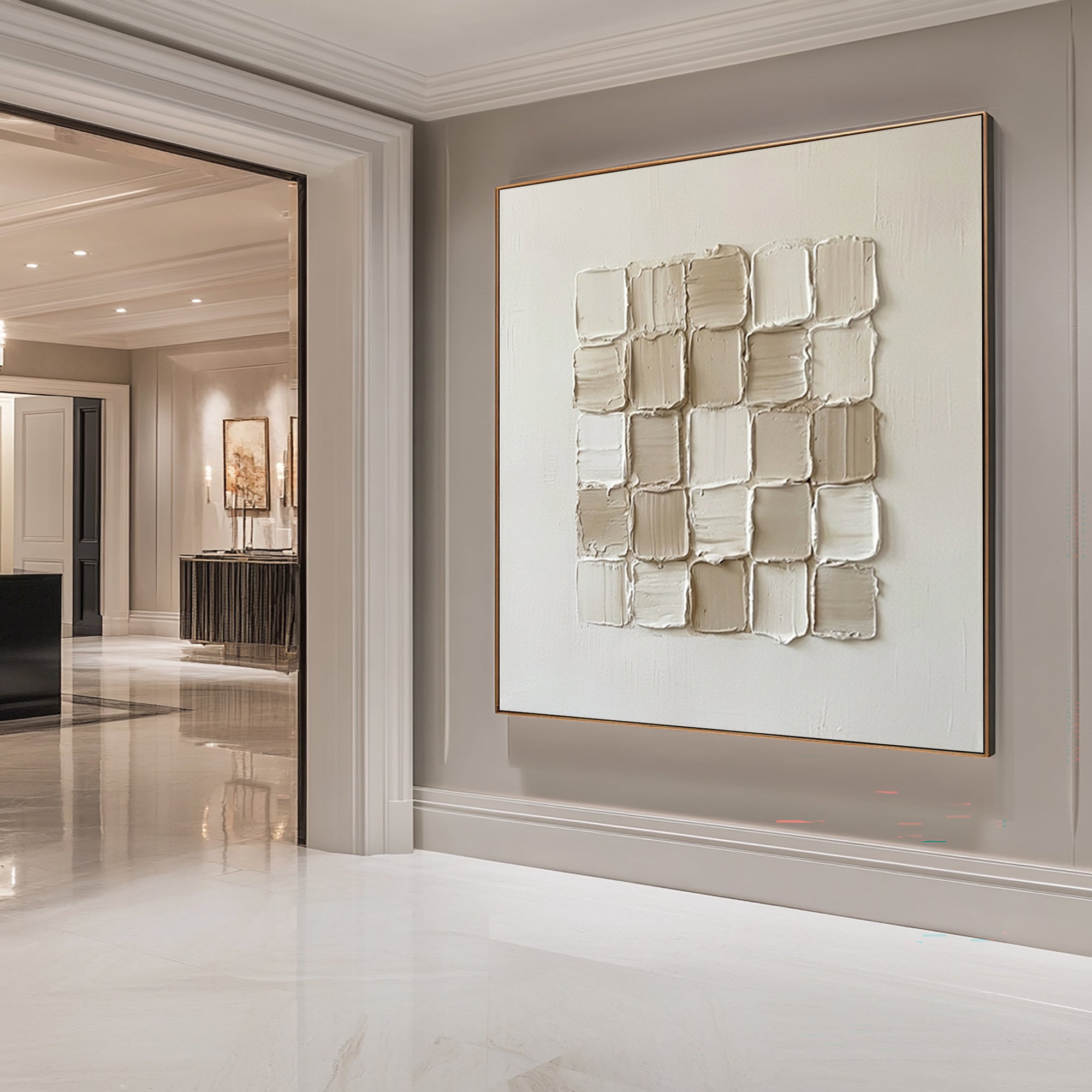 Large Geometric Textured Wall Art Contemporary Neutral Grid Canvas Painting