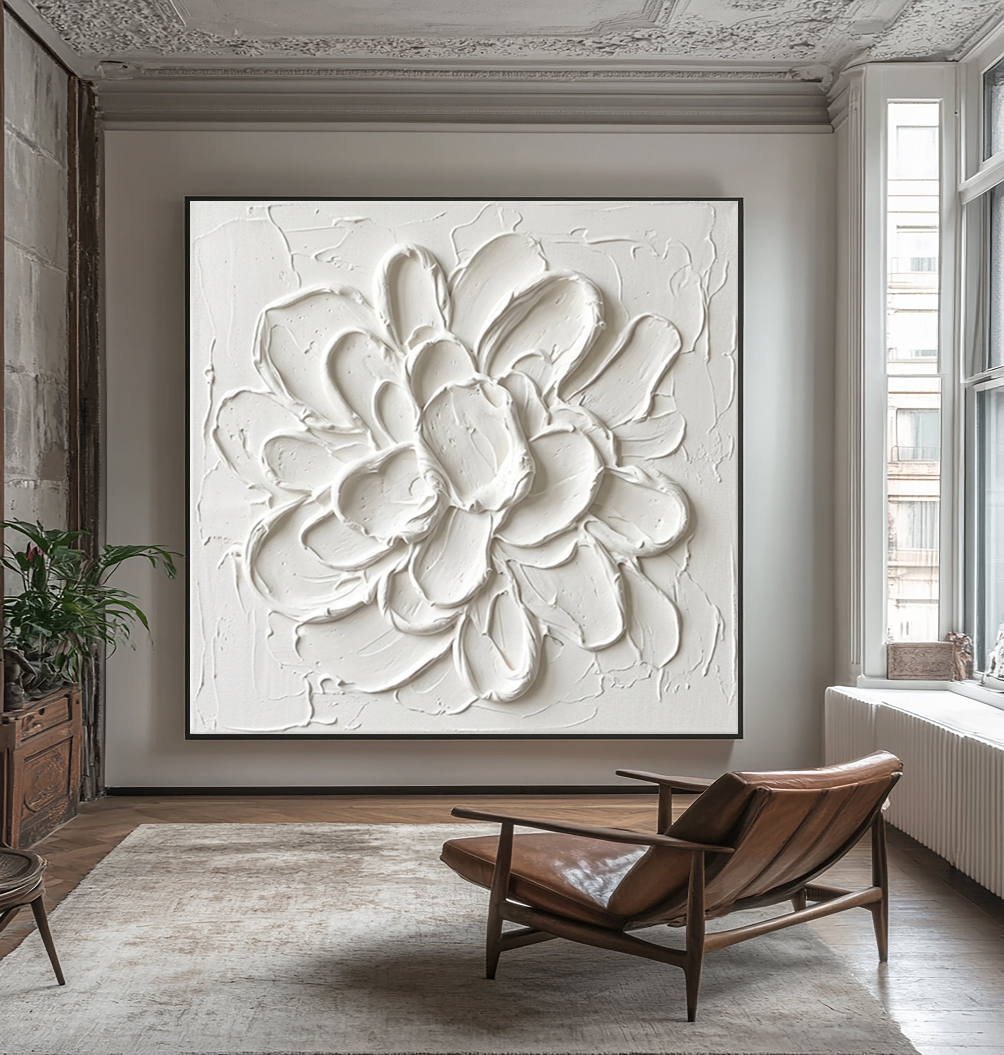 Large White Floral Textured Canvas Art Modern Sculptural Wall Decor
