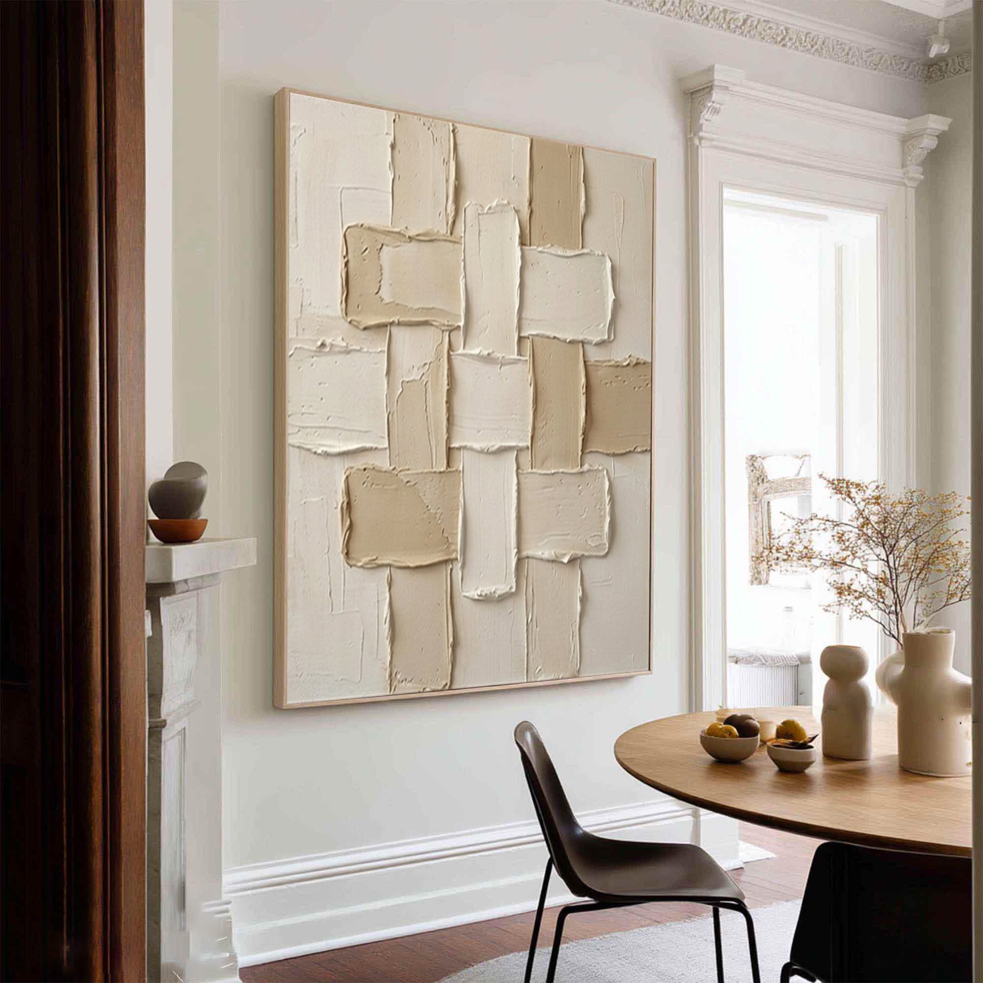 Large Woven Geometric Textured Canvas Art Neutral Beige Abstract Wall Decor