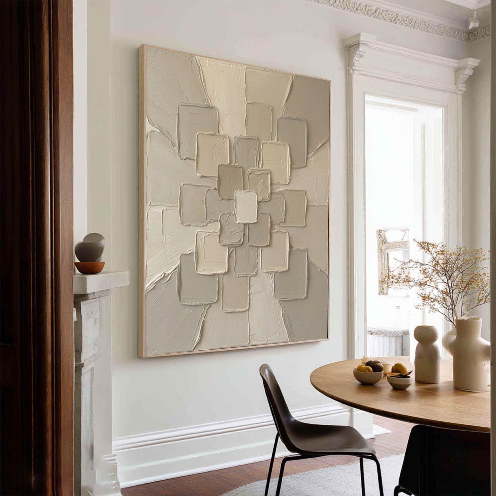 Large Neutral Geometric Textured Canvas Art Modern Sculptural Wall Decor