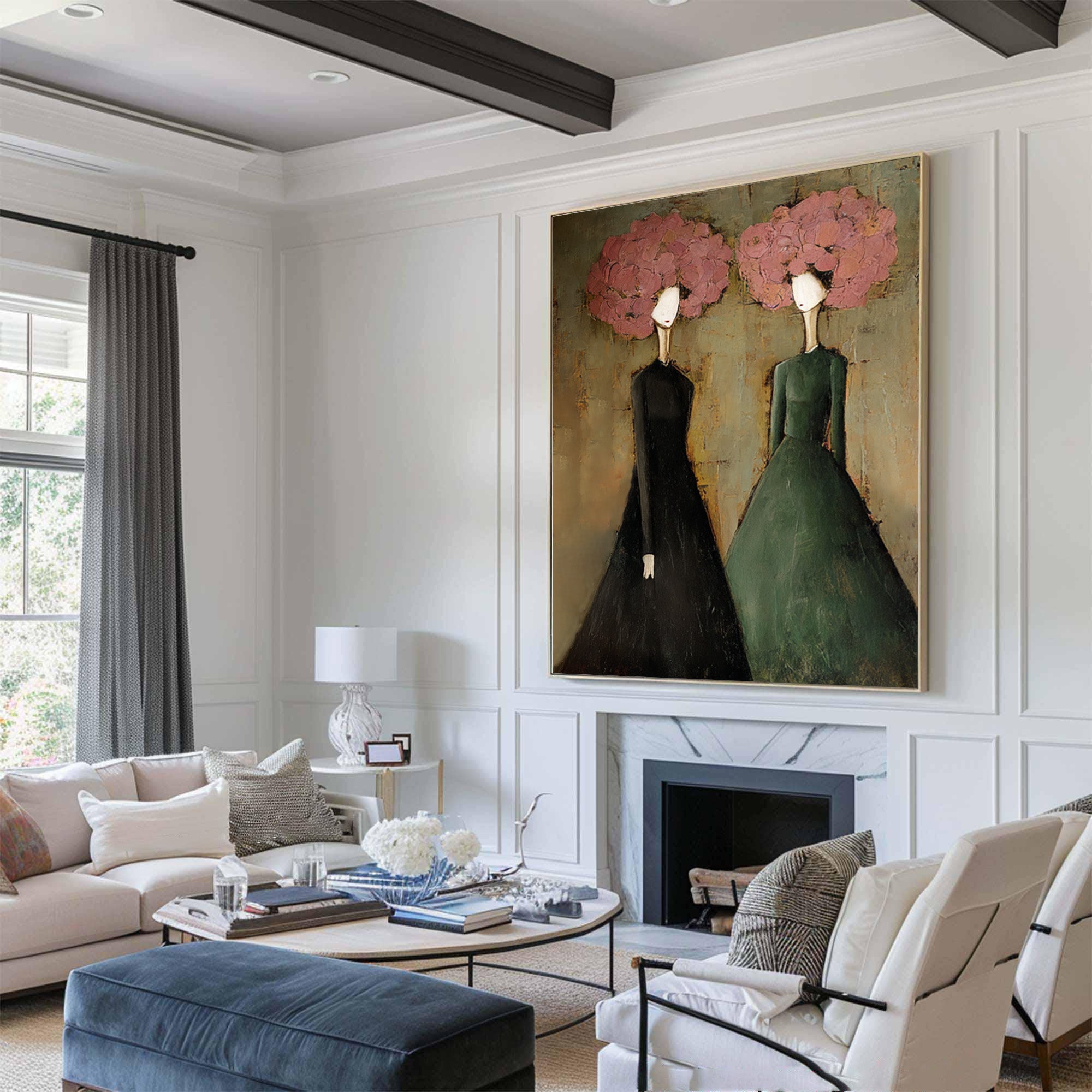 Large Modern Portrait Oil Painting on Canvas – Green Figurative Statement Wall Art #WAC 037