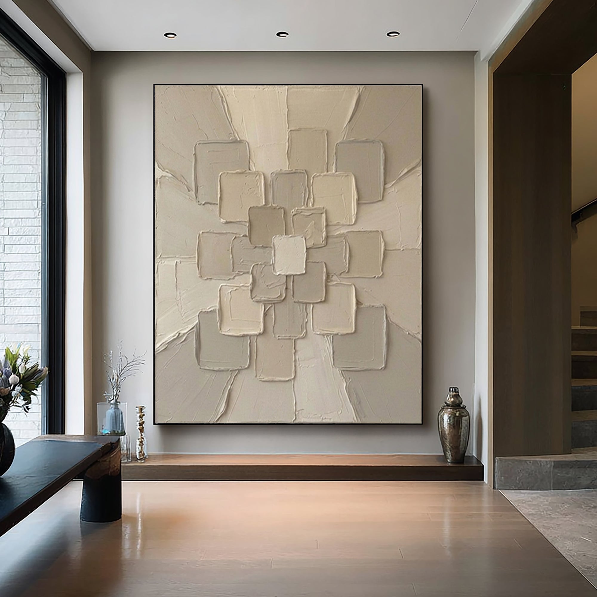 Large Neutral Geometric Textured Canvas Art Modern Sculptural Wall Decor