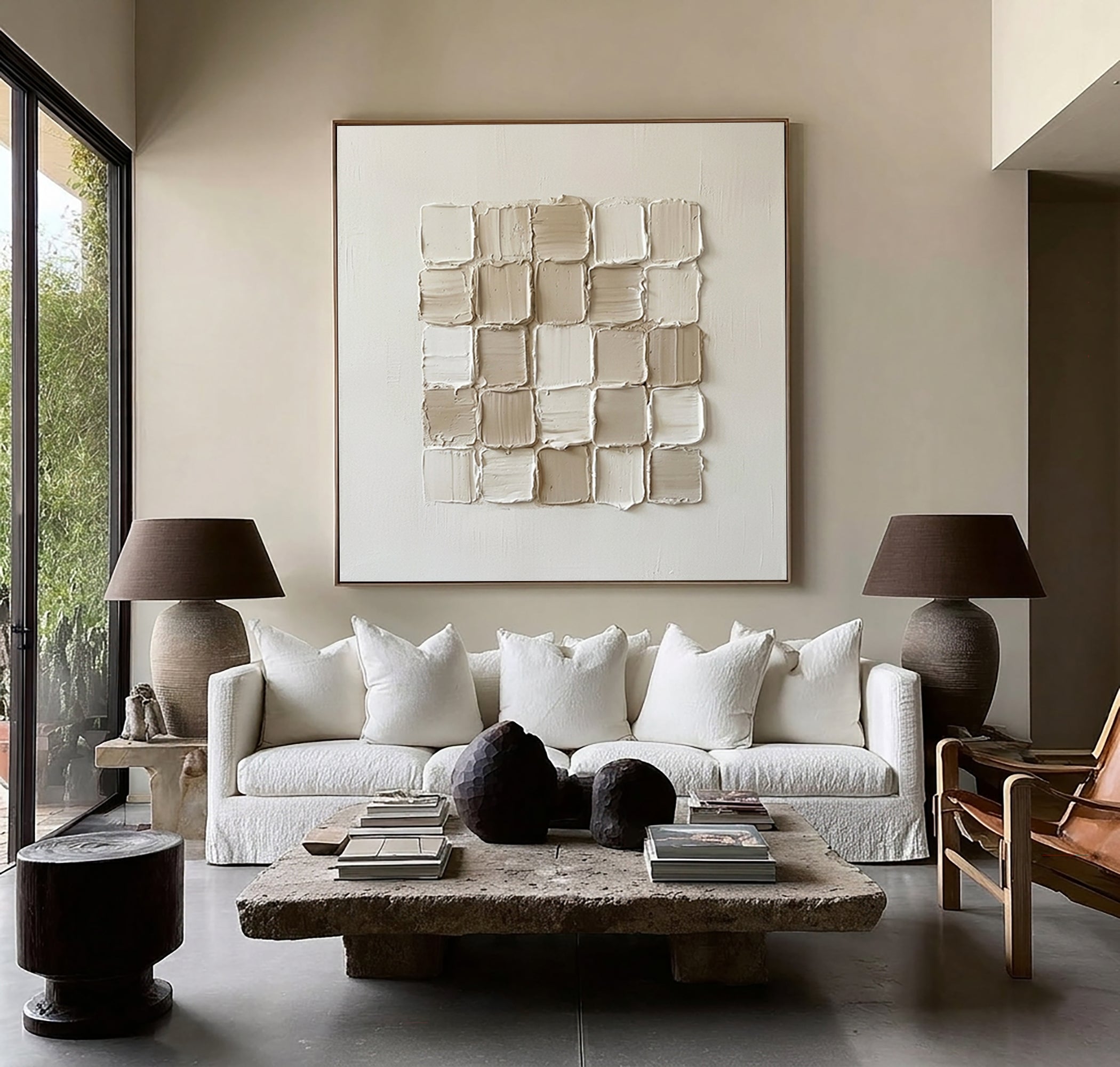 Large Geometric Textured Wall Art Contemporary Neutral Grid Canvas Painting