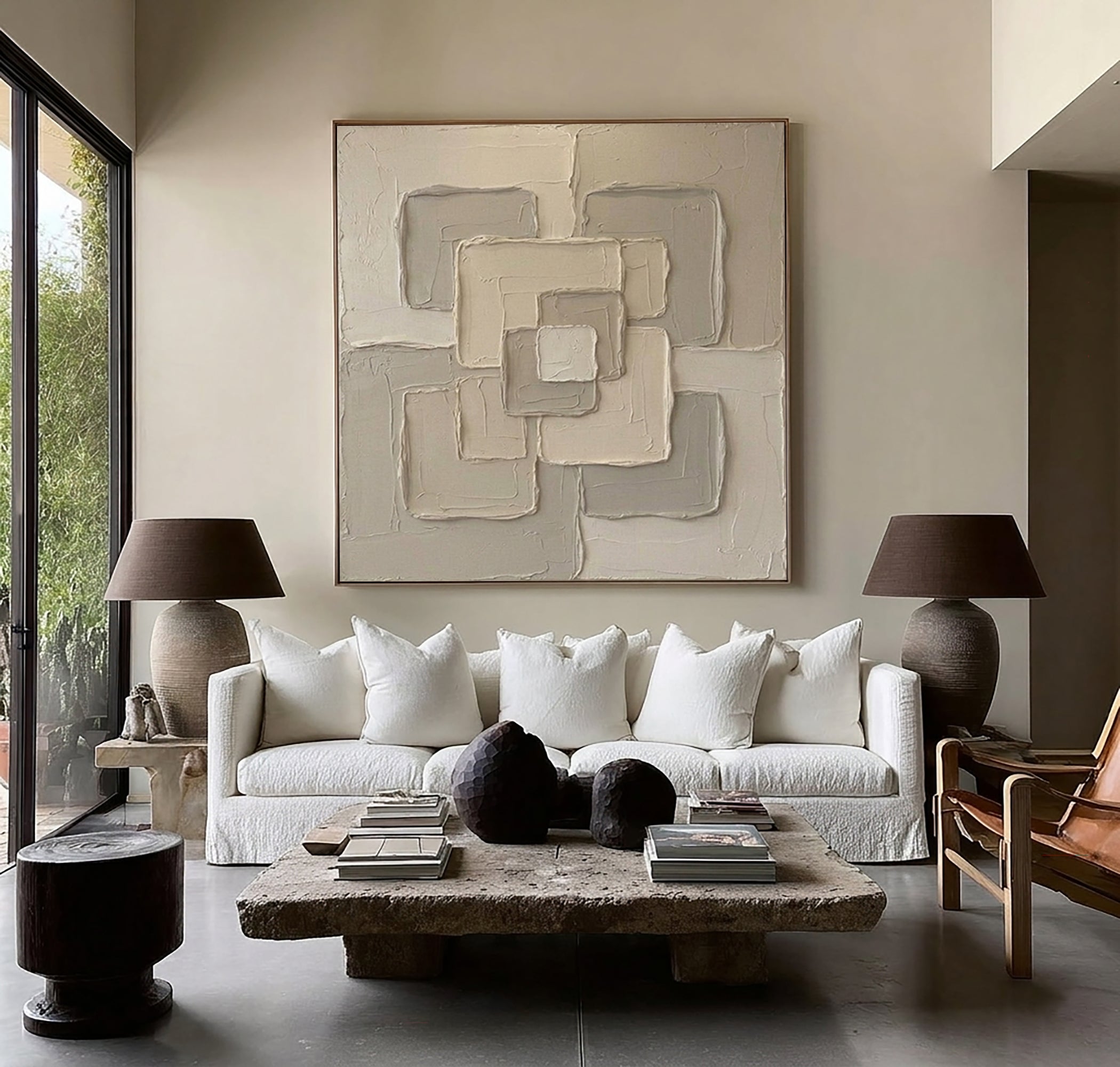 Large Connected Square Wall Art Contemporary Neutral Sculptural Canvas Painting