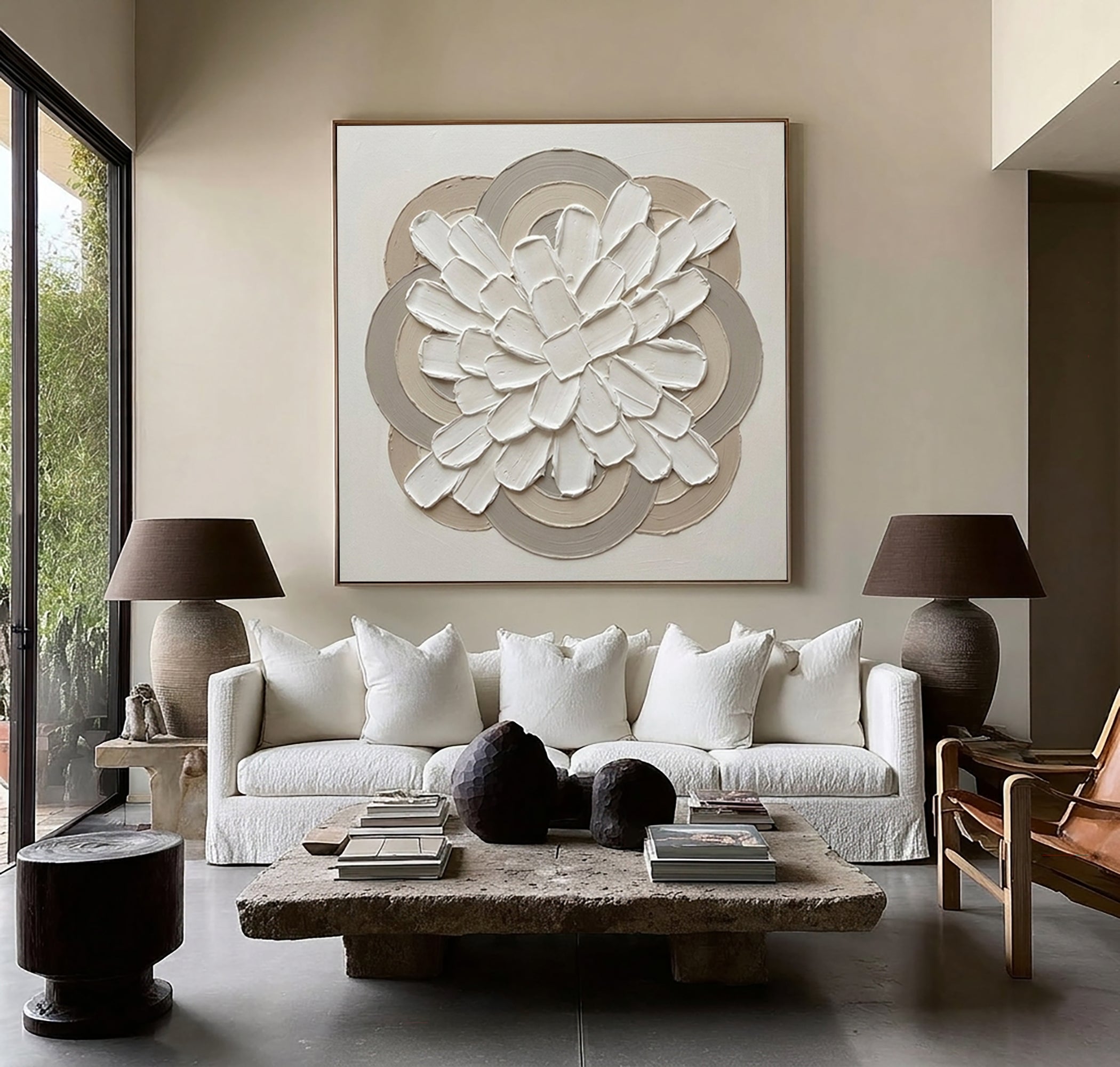 Large Modern Ring Floral Wall Art Contemporary Neutral Sculptural Canvas Painting