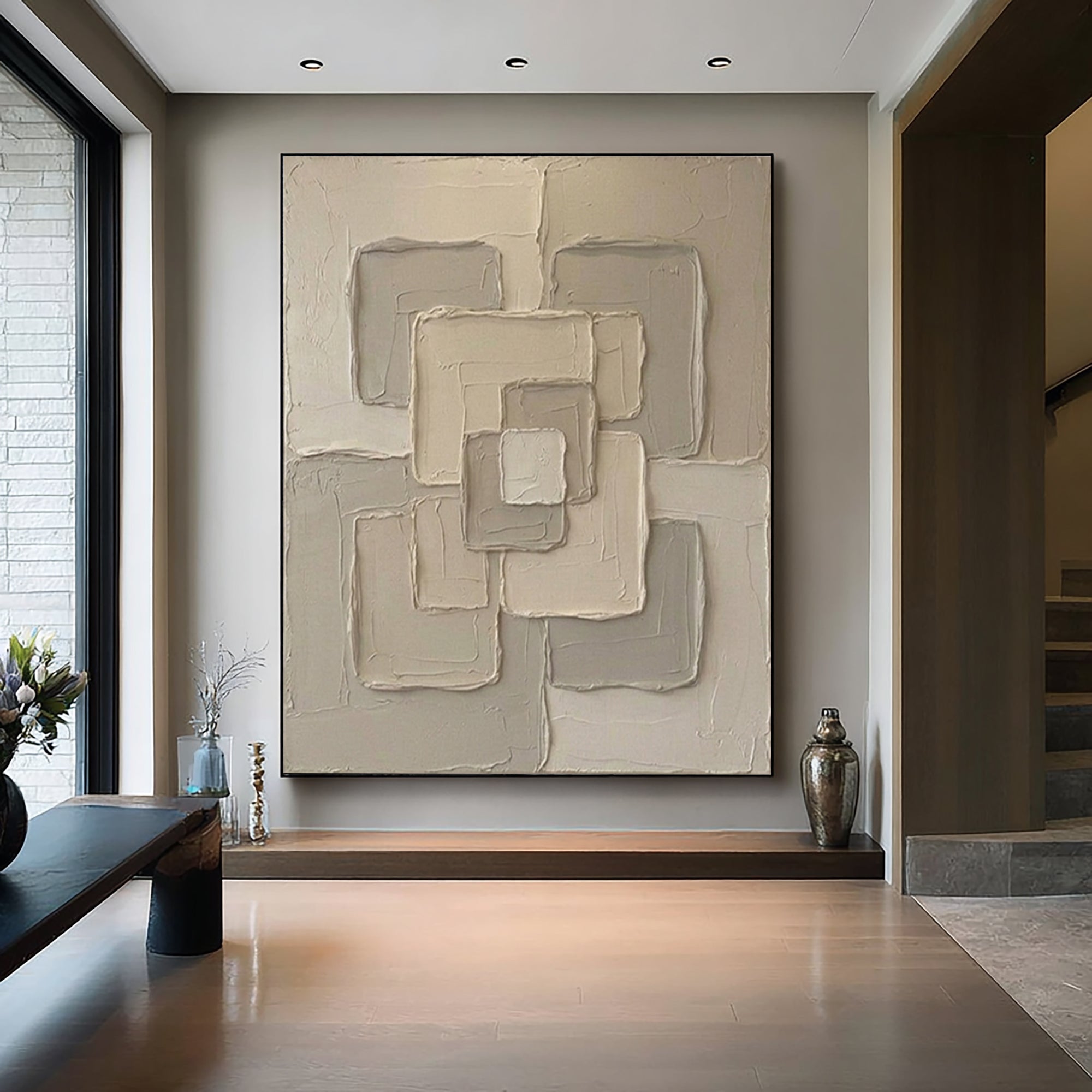 Large Neutral Geometric Textured Canvas Art Modern Abstract Wall Decor