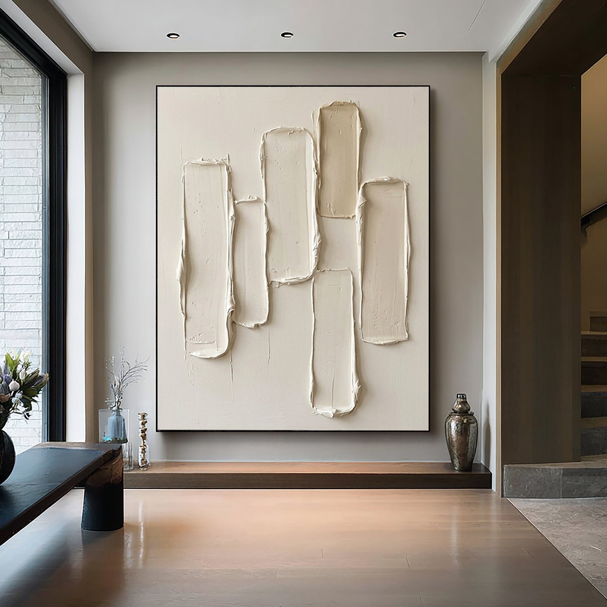 Large Vertical Neutral Texture Painting for Modern Minimalist Interiors