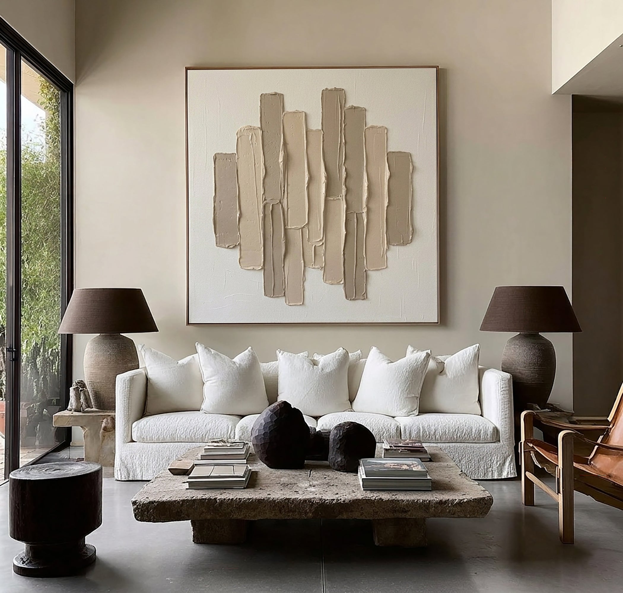 Large Linear Sculptural Wall Art Neutral Contemporary Hand Painted Texture Canvas