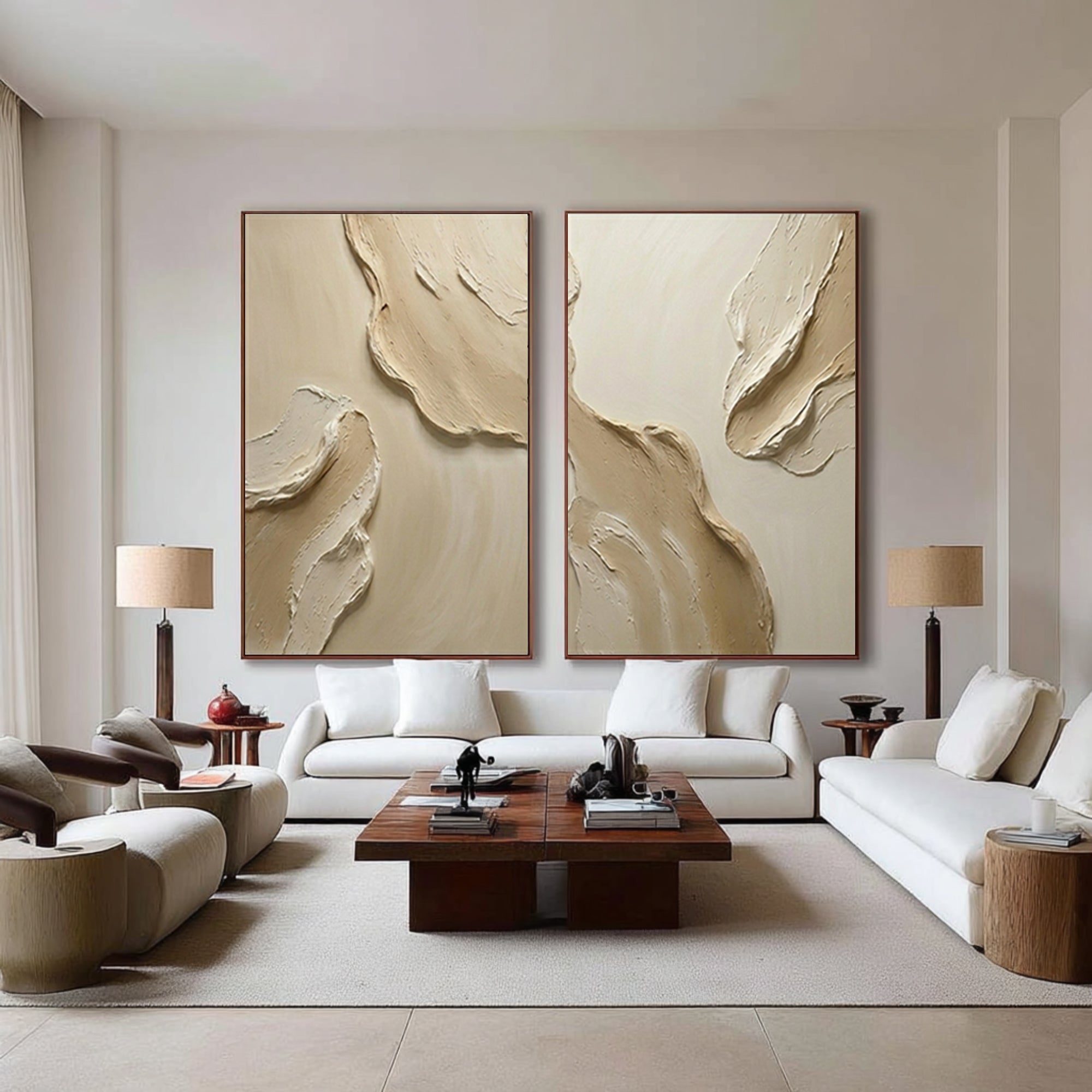 Large Contemporary Textured Wall Art Neutral Diptych Painting Set