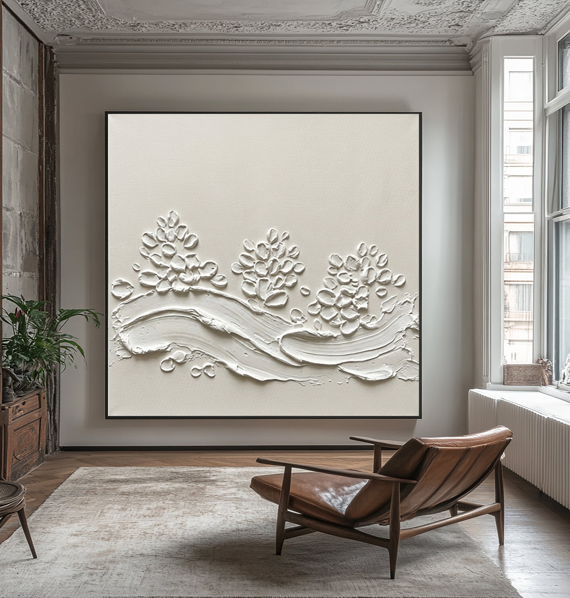 Large Minimalist Floral Textured Wall Art Contemporary Neutral Hand Painted Canvas Painting