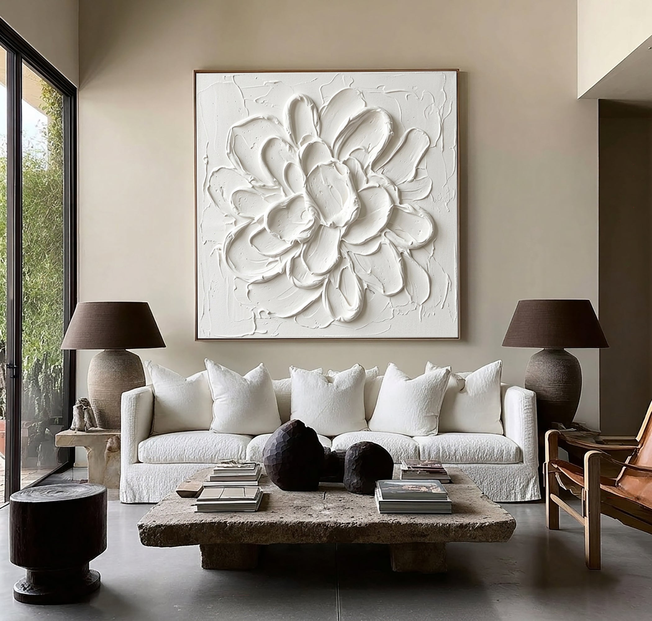 Large White Floral Textured Canvas Art Modern Sculptural Wall Decor
