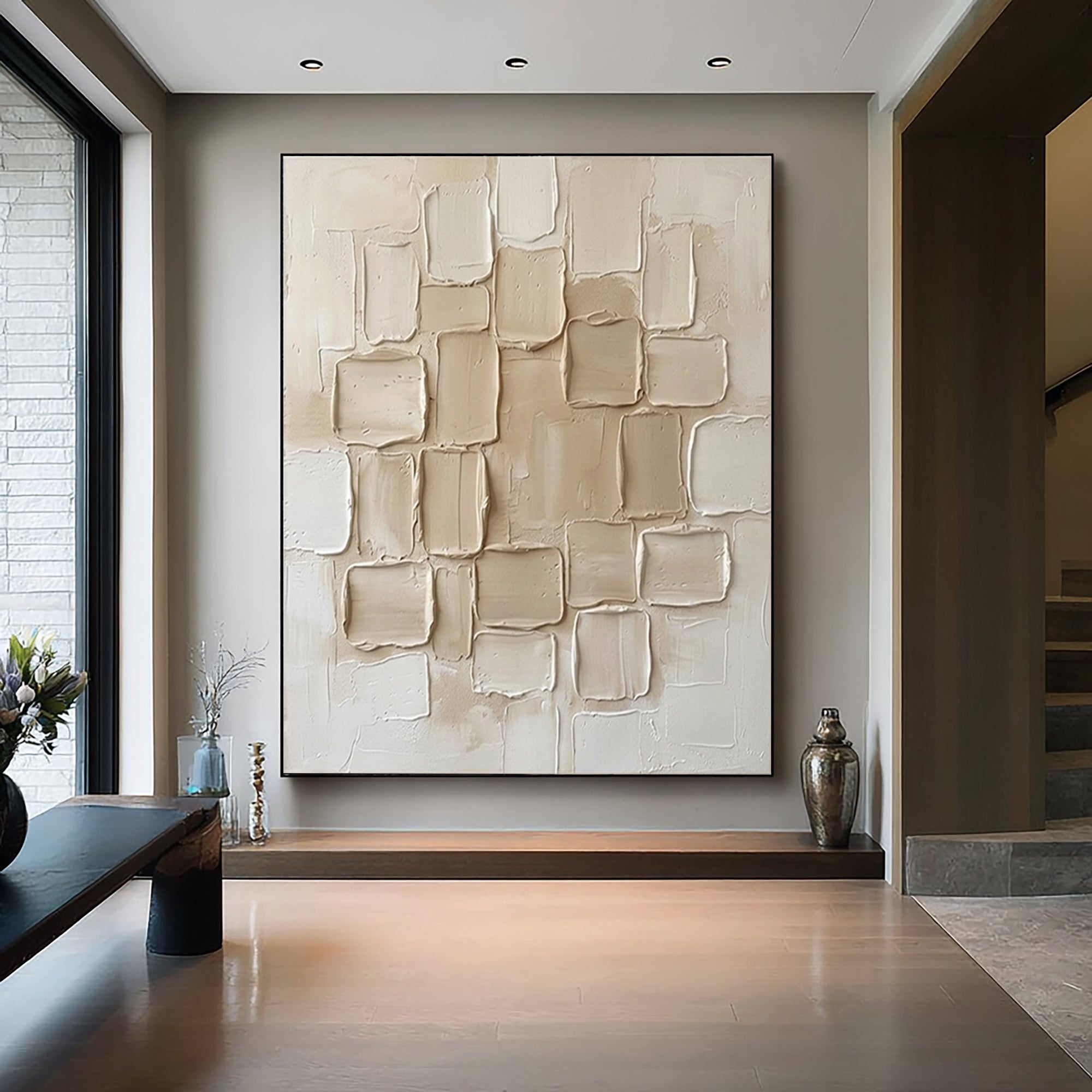 Large Mosaic Relief Textured Canvas Art Contemporary Neutral Wall Decor