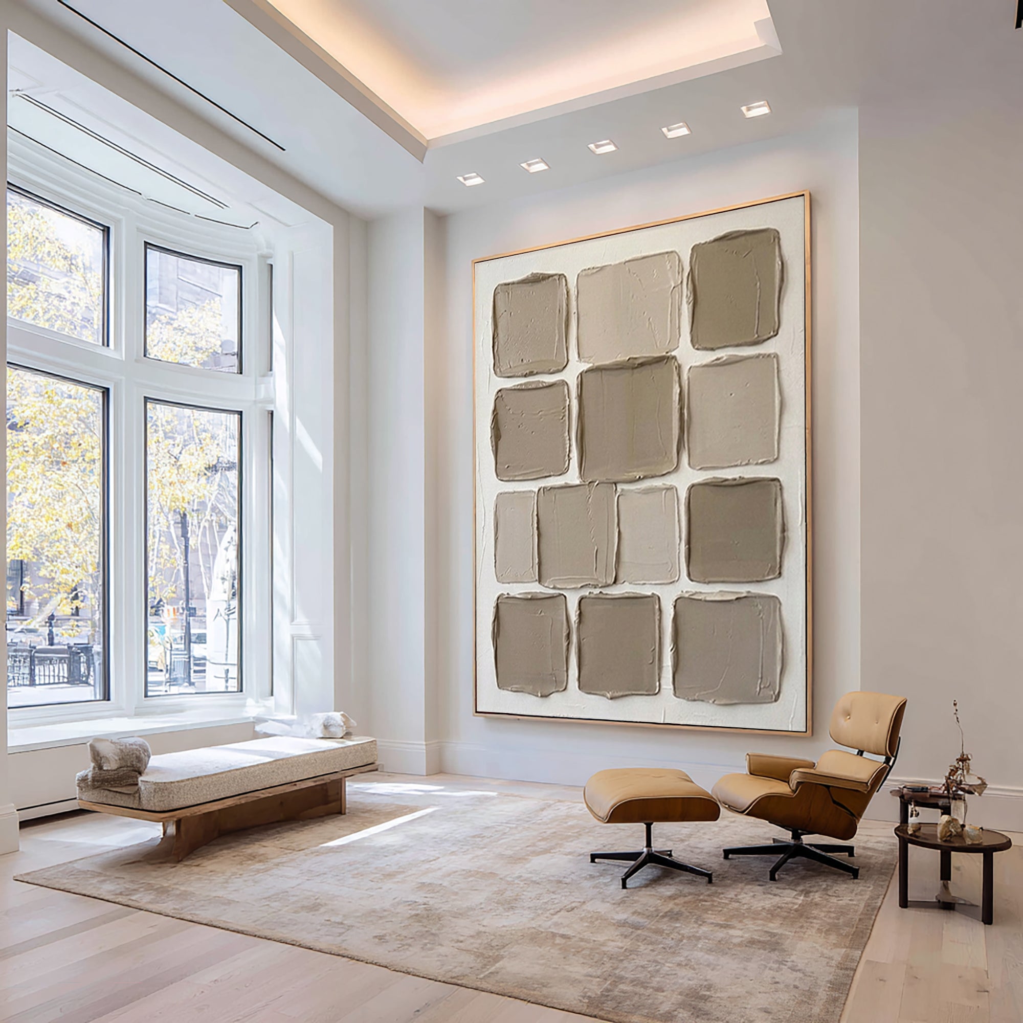 Large Neutral Grid Texture Oil Painting for Contemporary Interiors