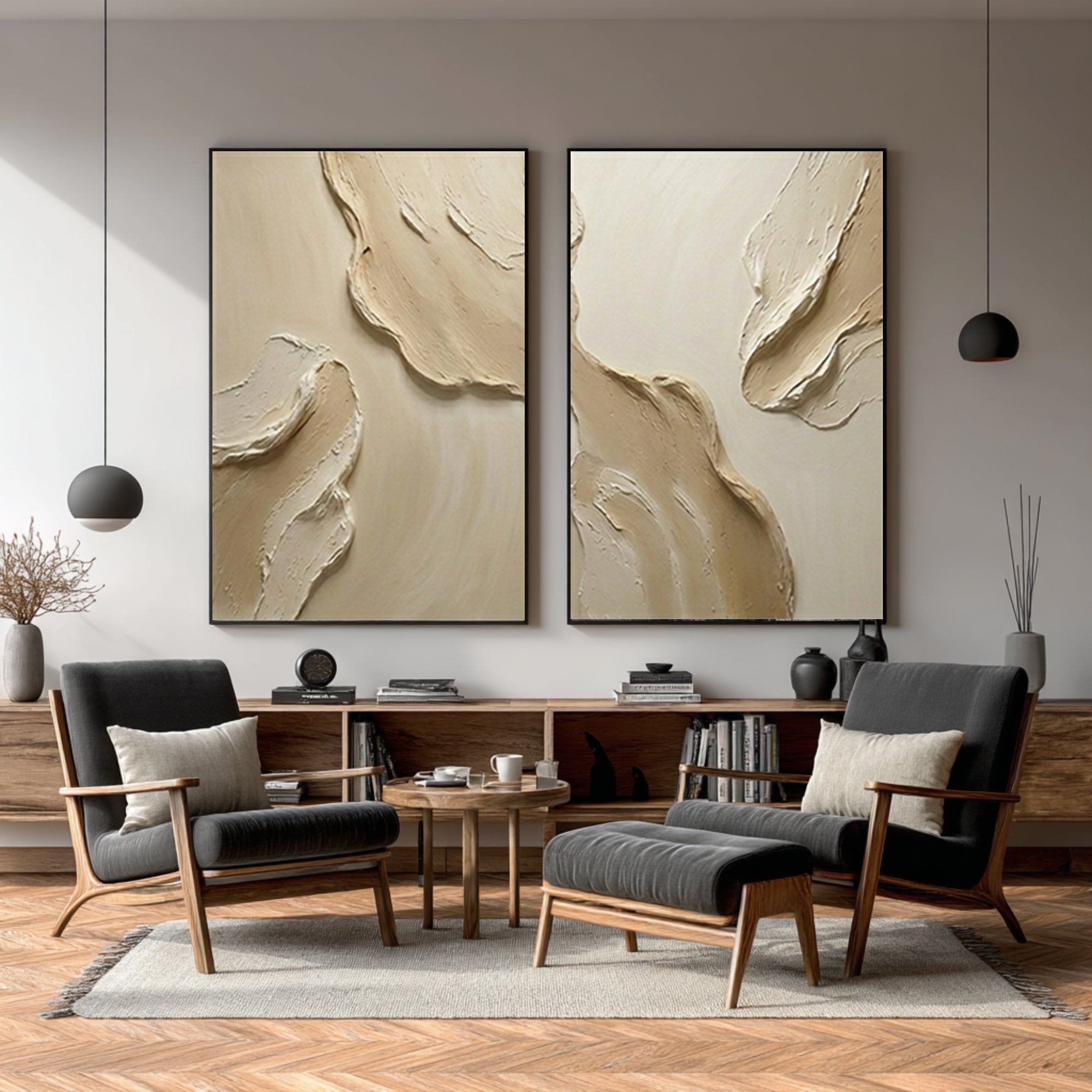 Large Contemporary Textured Wall Art Neutral Diptych Painting Set