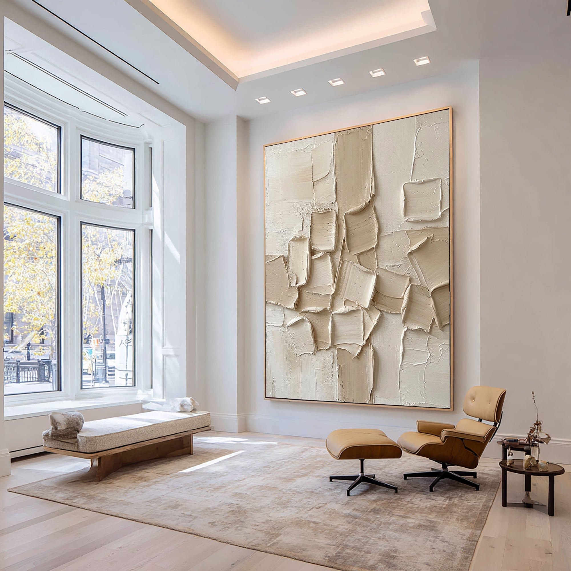 Large Hand-Painted Abstract Relief Painting in Neutral Cream Tones